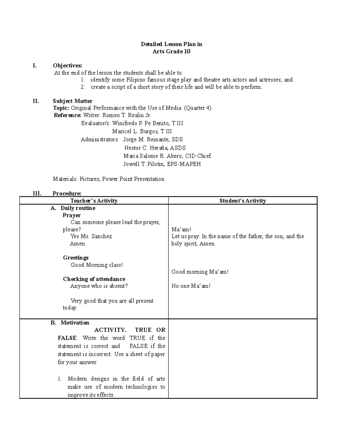 DLP ARTS 10 Rabara Lesson Plan Detailed Lesson Plan In Arts Grade