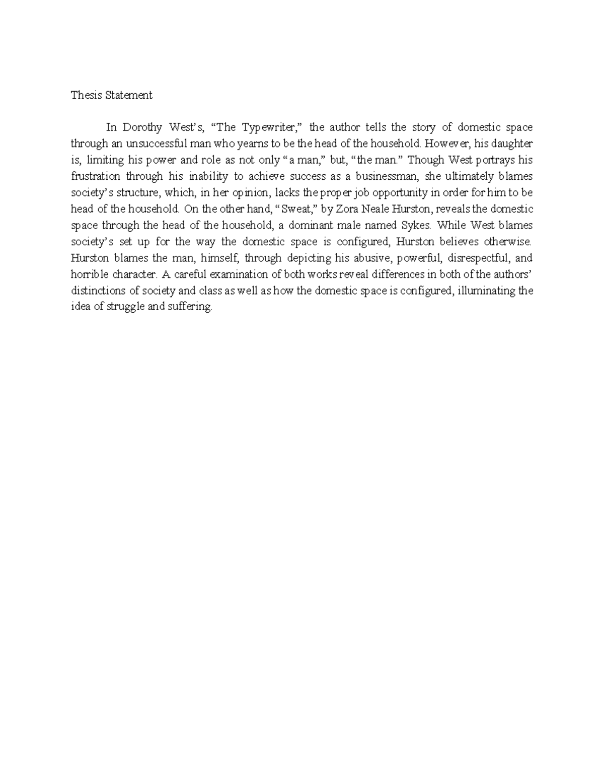 Thesis Statement - Grade: A - Thesis Statement In Dorothy West’s, “The ...