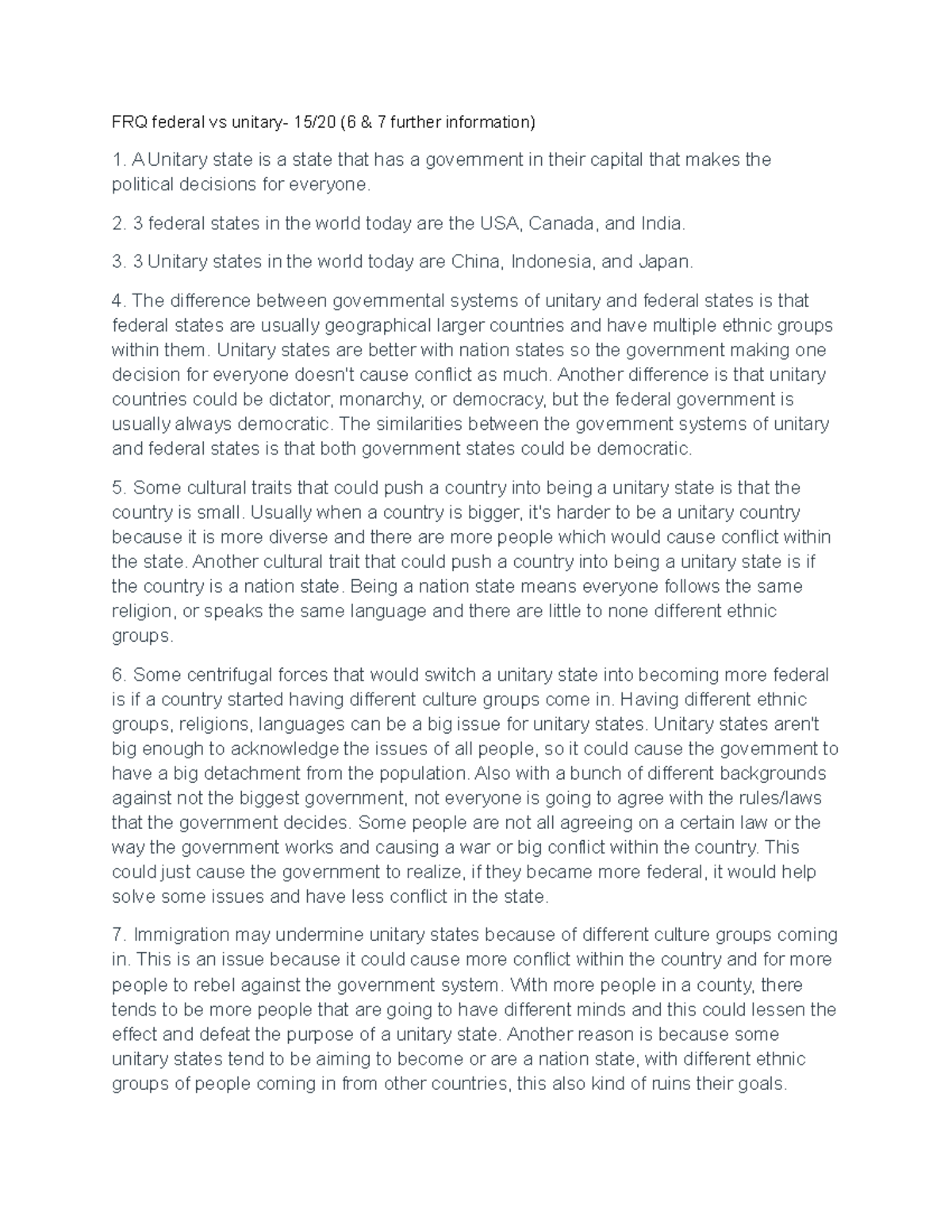 Human Geography FRQs FRQ federal vs unitary 15/20 (6 & 7 further