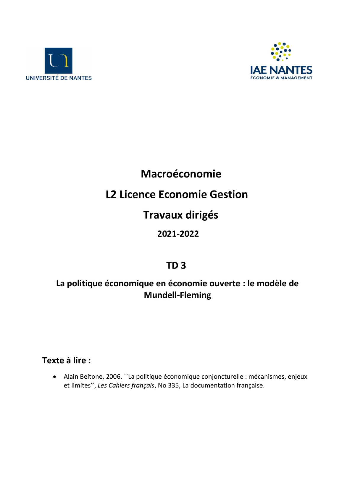 TD3 Macro Ã©conomie - MacroÈconomie L2 Licence Economie Gestion Travaux ...