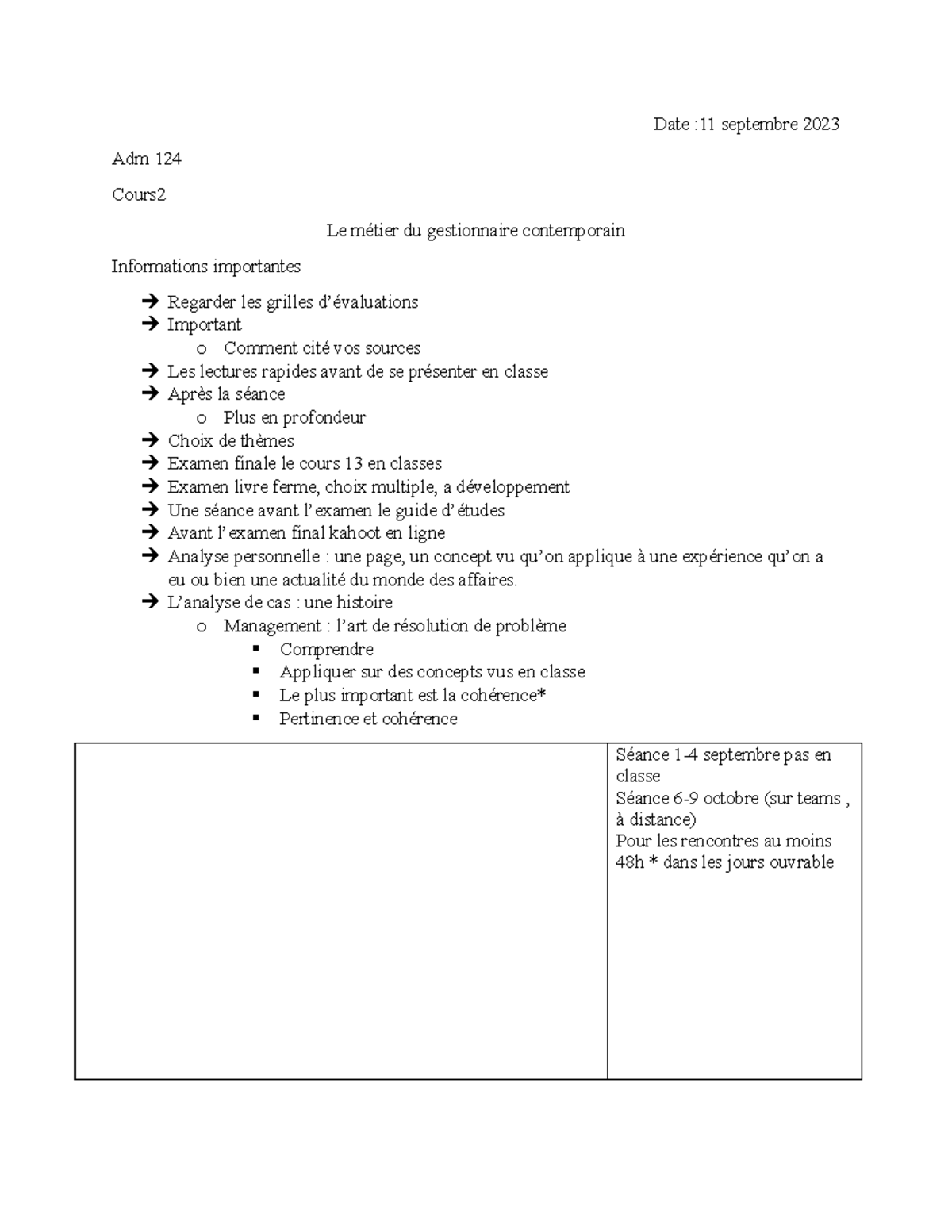 Date - juste few note firs class not relly needed - Date :11 septembre ...