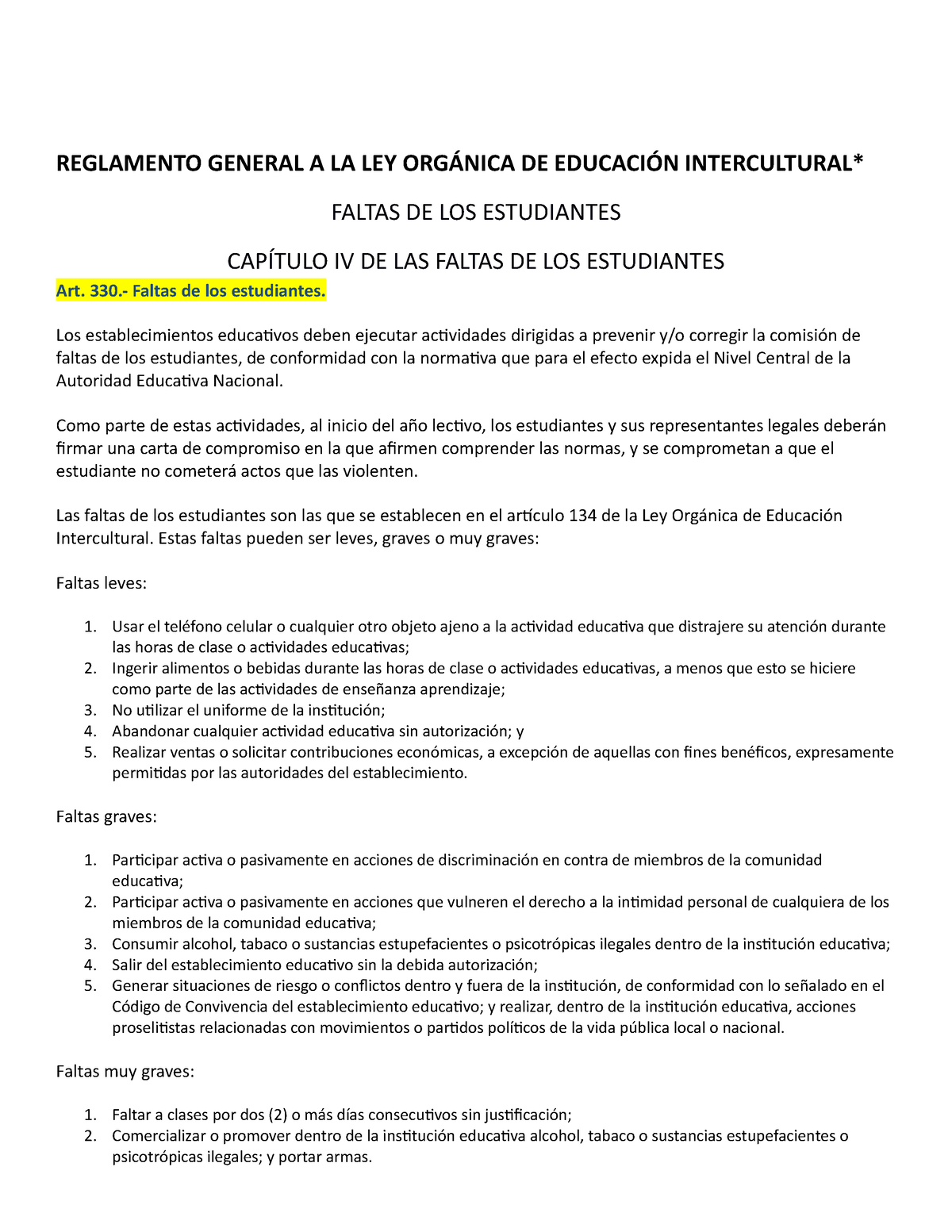 Fundamento Legal Reglamento General A La Ley OrgÁnica De EducaciÓn Intercultural Faltas De 8859