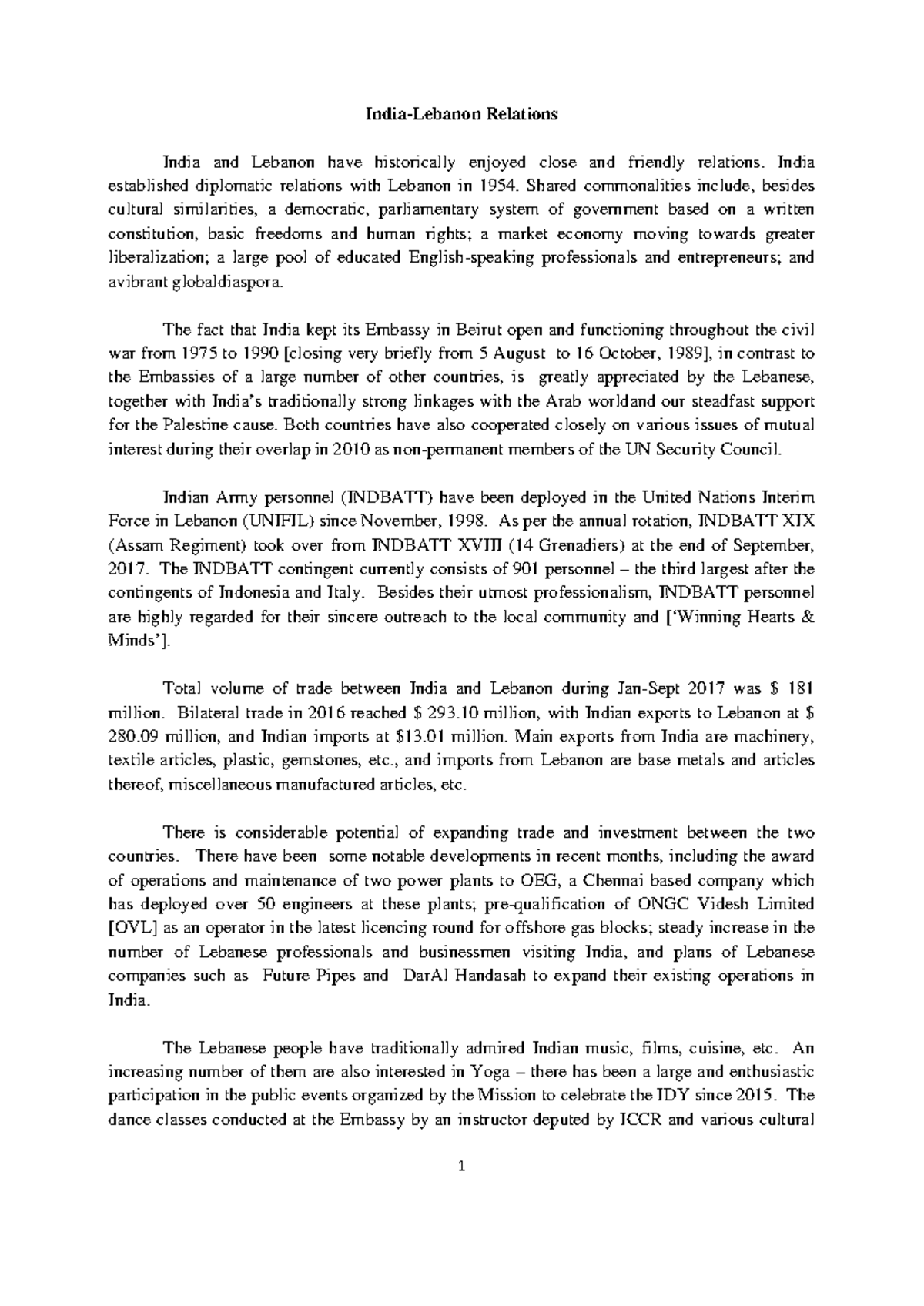 5 Lebanon Nov 2017 1 IndiaLebanon Relations India and Lebanon have historically enjoyed close