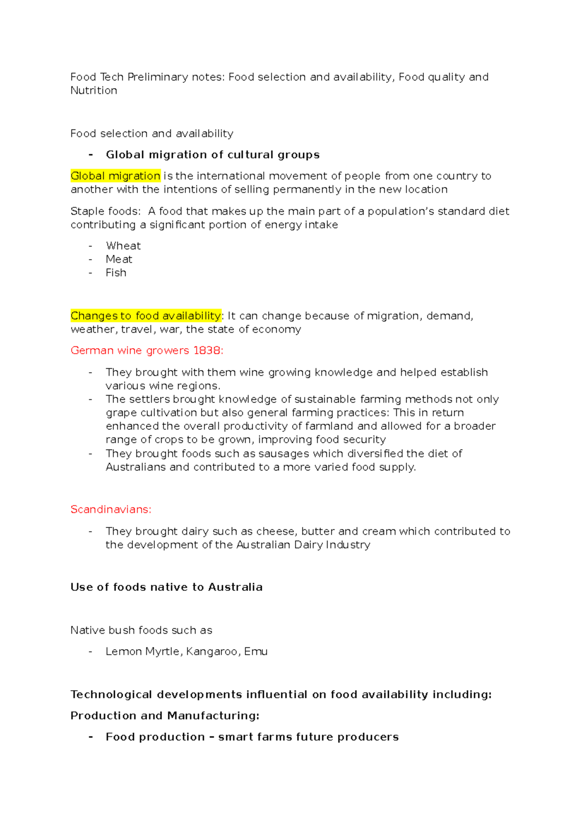 Food Tech Preliminary notes - The settlers brought knowledge of ...