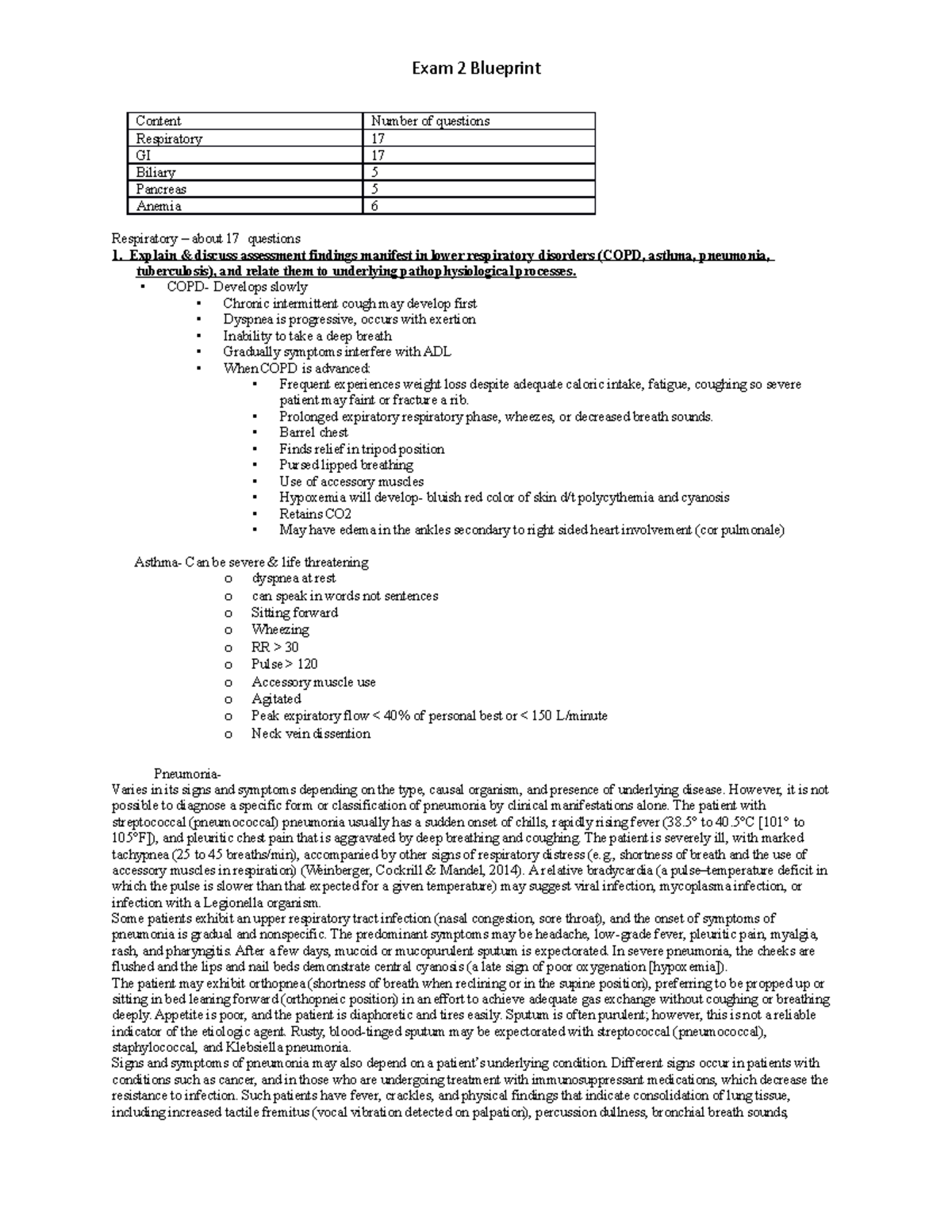 Exam 2 Blueprint - 2020 AO - Content Number of questions Respiratory 17 ...