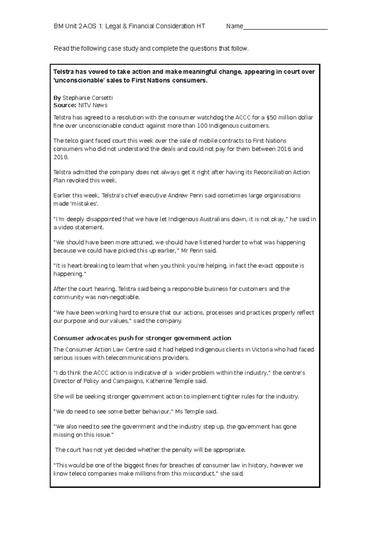 2021 BMU12 U2AOS1 Hurdle Task Copy Read the following case study