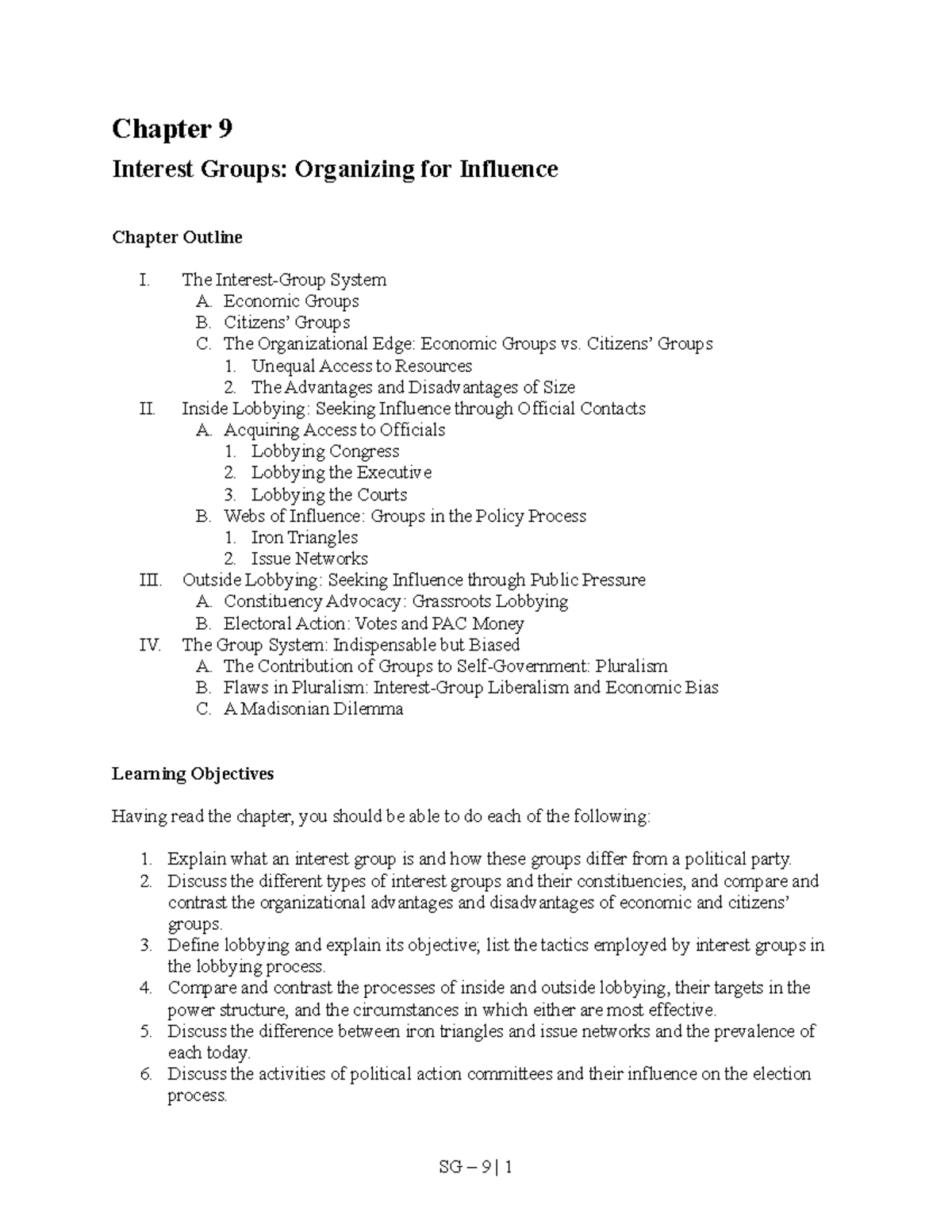 Chapter 9 Organizing And Influence For Interest Groups Chapter 9 