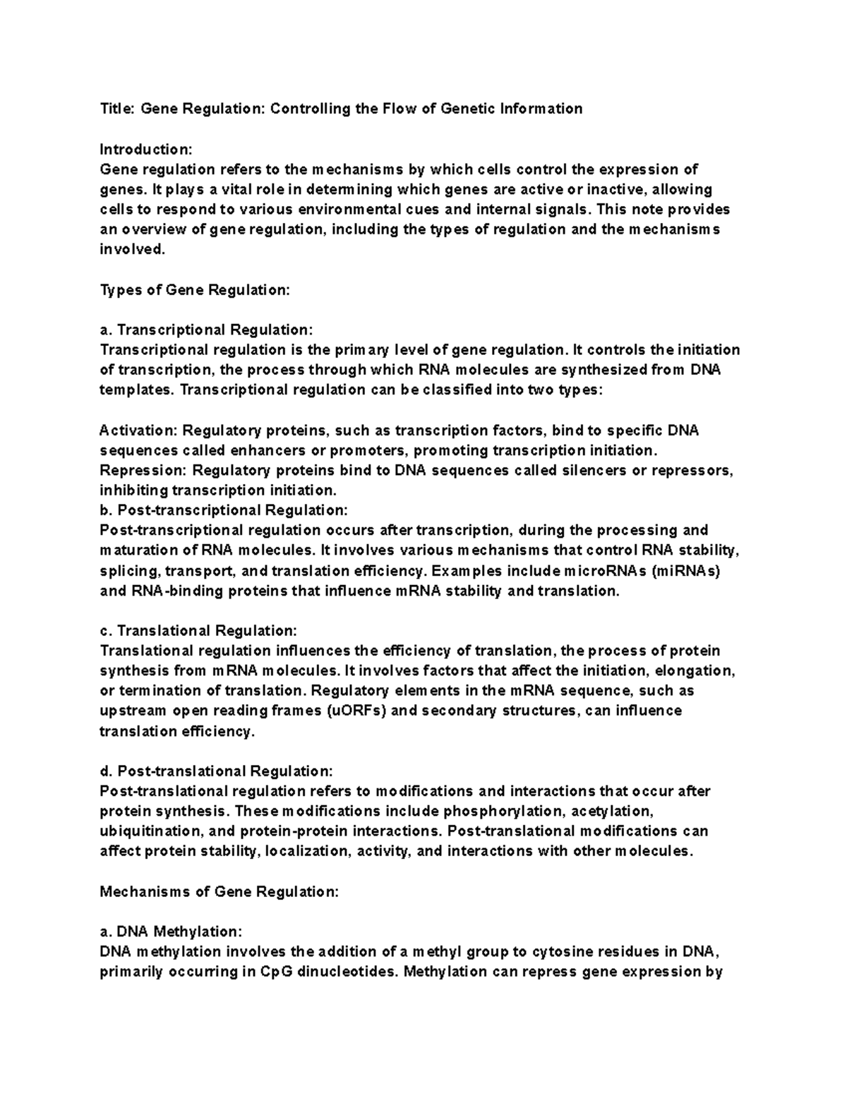 Gene Regulation notes - Title: Gene Regulation: Controlling the Flow of ...
