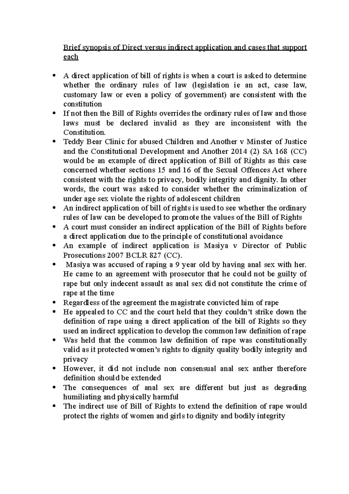 Direct v Indirect application of Bill of Rights synopsis (15) - Brief ...