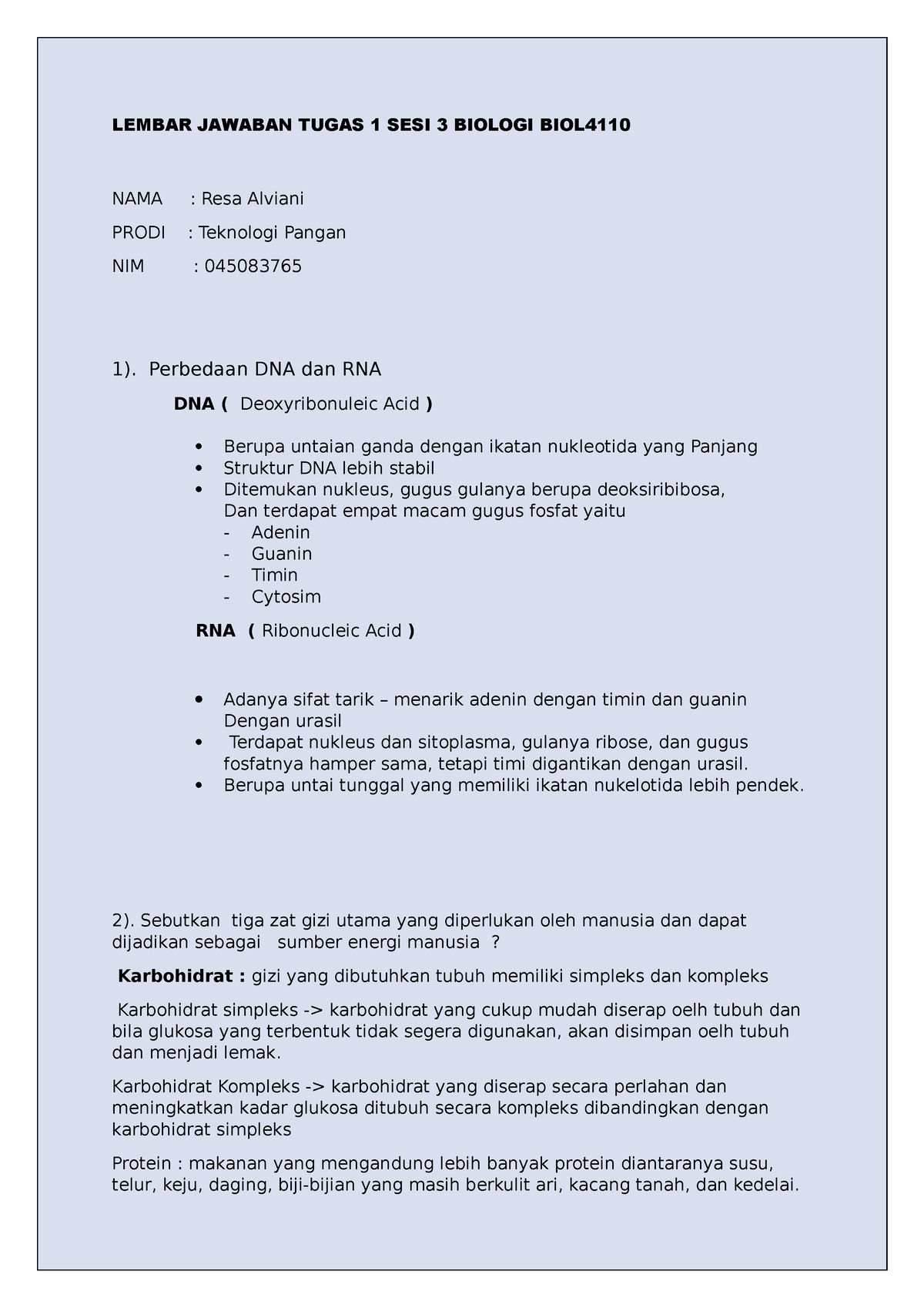 Lembar Jawaban Tugas 1 SESI 3 Biologi BIOL4110 - LEMBAR JAWABAN TUGAS 1 ...