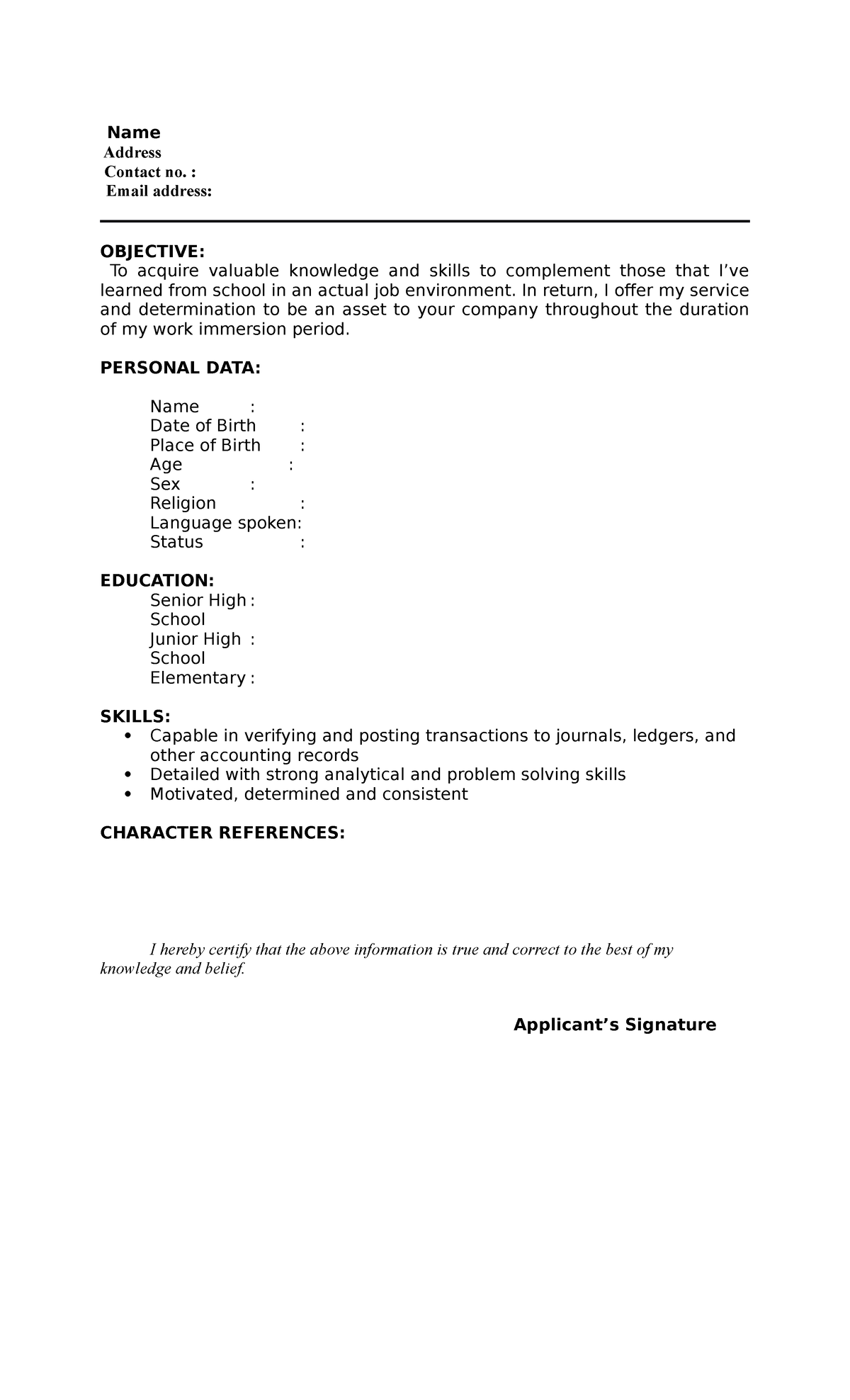 432679820 Work Immersion Resume Sample - Name Address Contact no ...