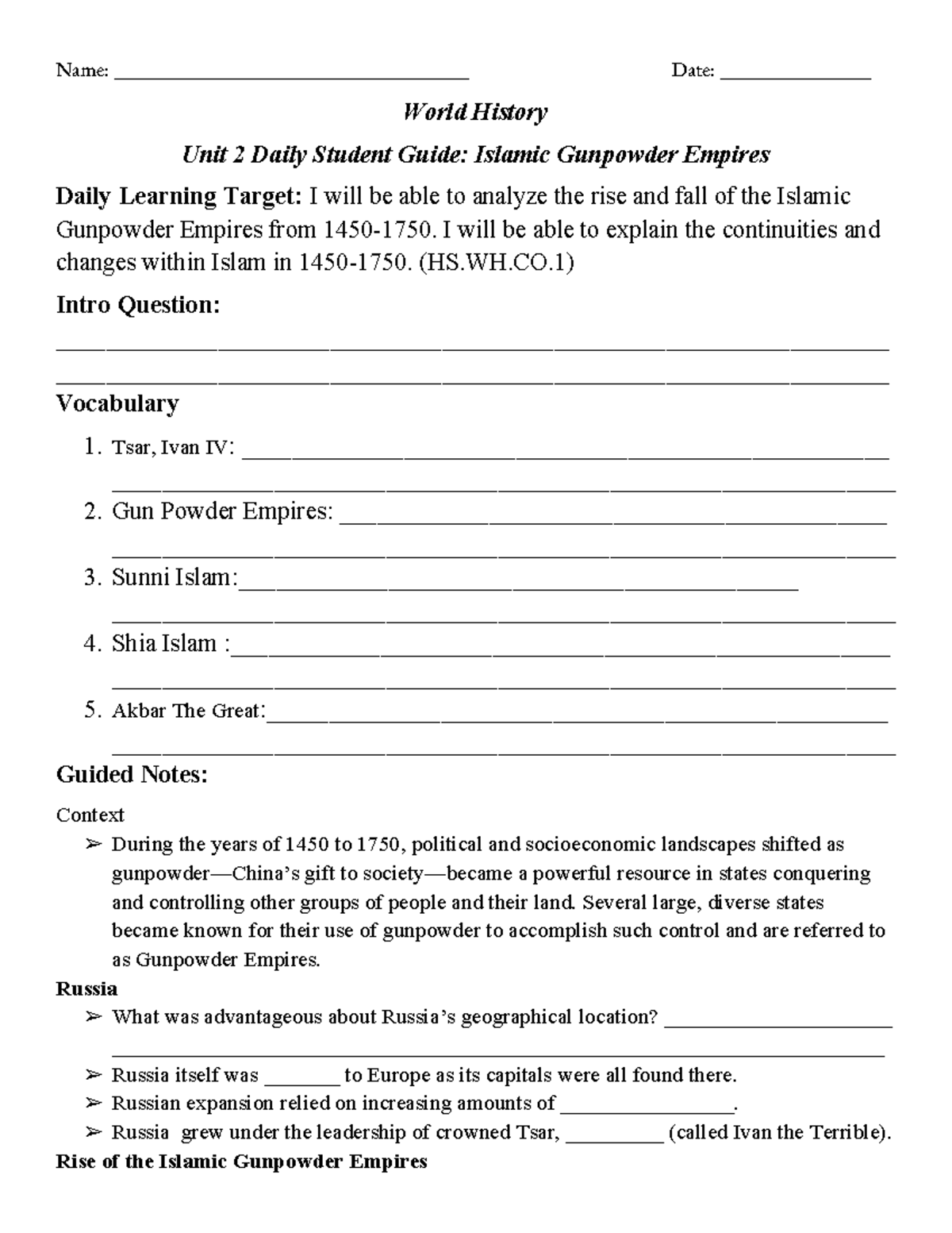 Islamic Gunpowder Empires Learning Guide Name