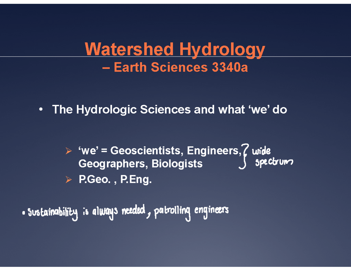 Lecture 1 - Watershed Hydrology – Earth Sciences 3340a • The Hydrologic ...