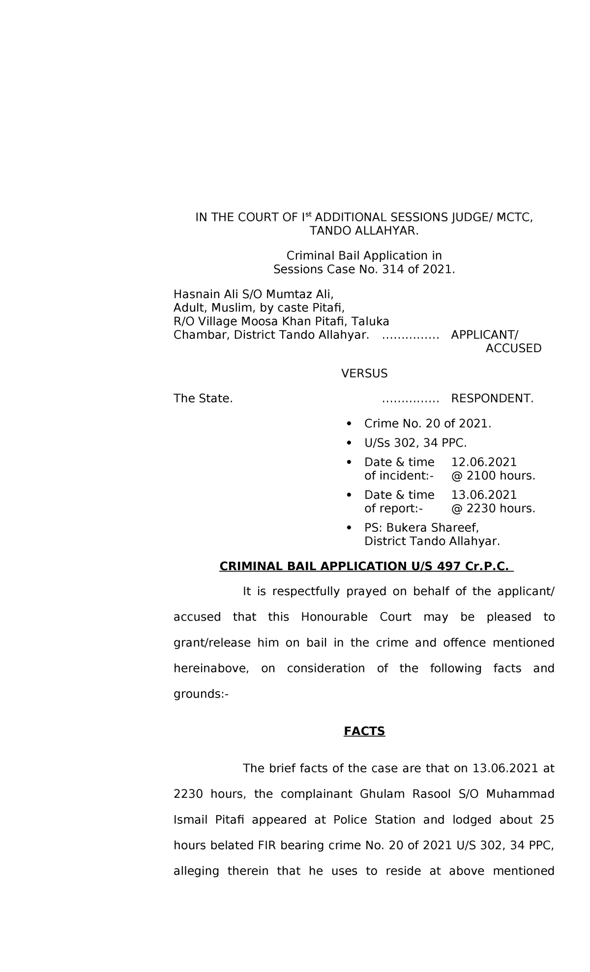 Ch(497.Hasnain Ali Pitafi 302, 20 of 21 Bukera 26 - IN THE COURT OF Ist ...
