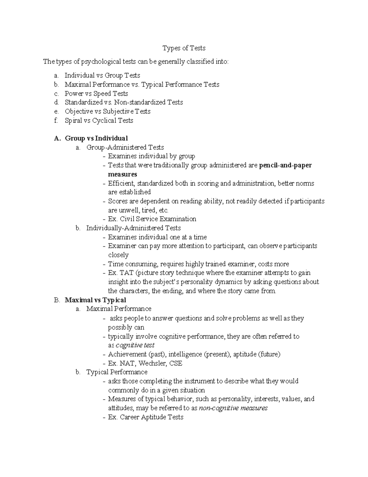 Types of Tests in Psychological Testing - Types of Tests The types of ...