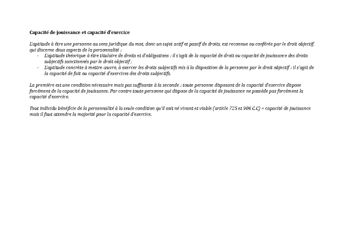 Capacité de jouissance et capacité d’exercice Capacité de jouissance