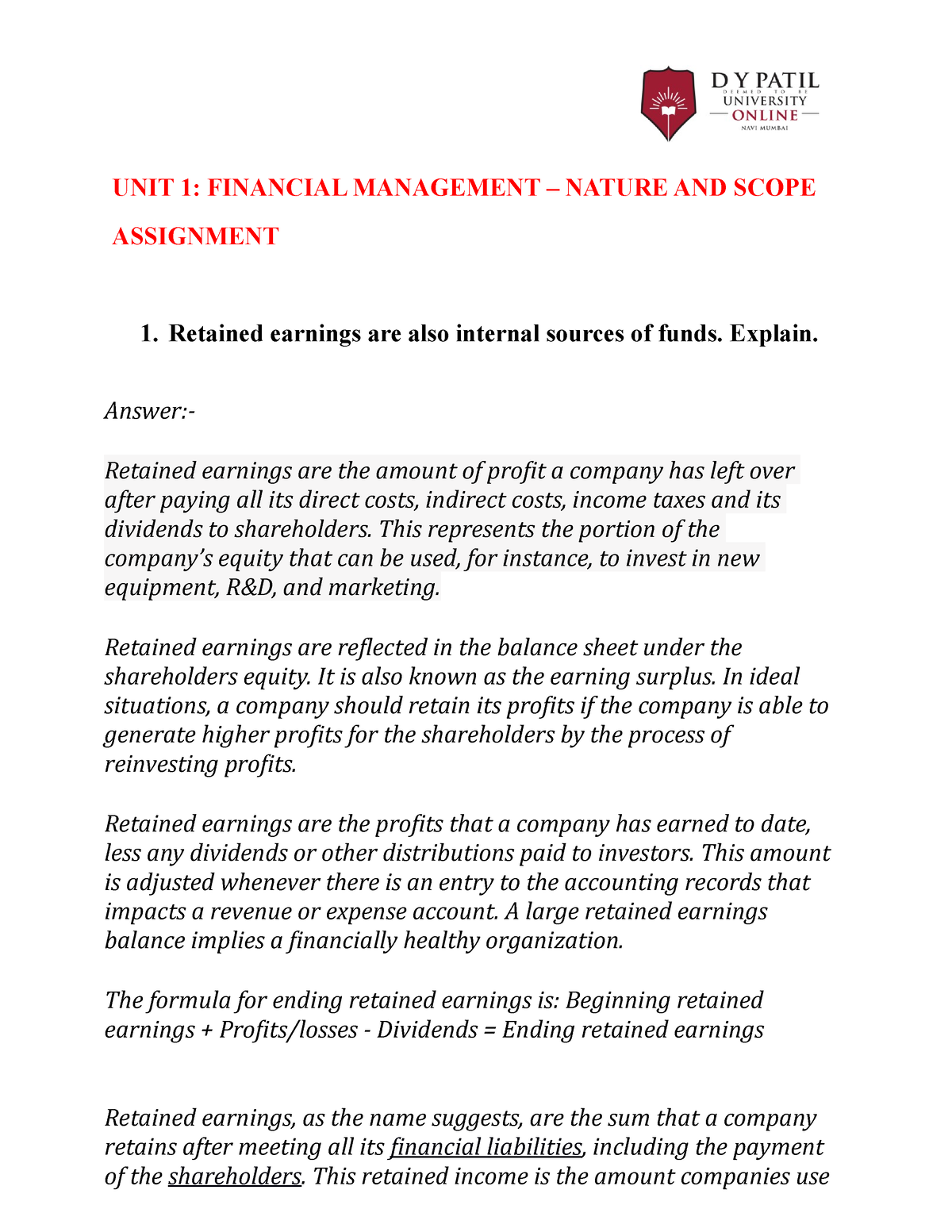 Financial Management Assignment Unit 1# - UNIT 1: FINANCIAL MANAGEMENT ...