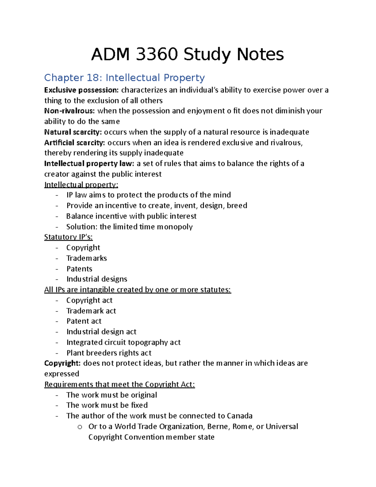 Adm 3360 Chapter 18 Notes Adm 3360 Study Notes Chapter 18 Intellectual Property Exclusive Adm 3360 Chapter 18 Notes Adm 3360 Study Notes Chapter 18 Intellectual Property Exclusive