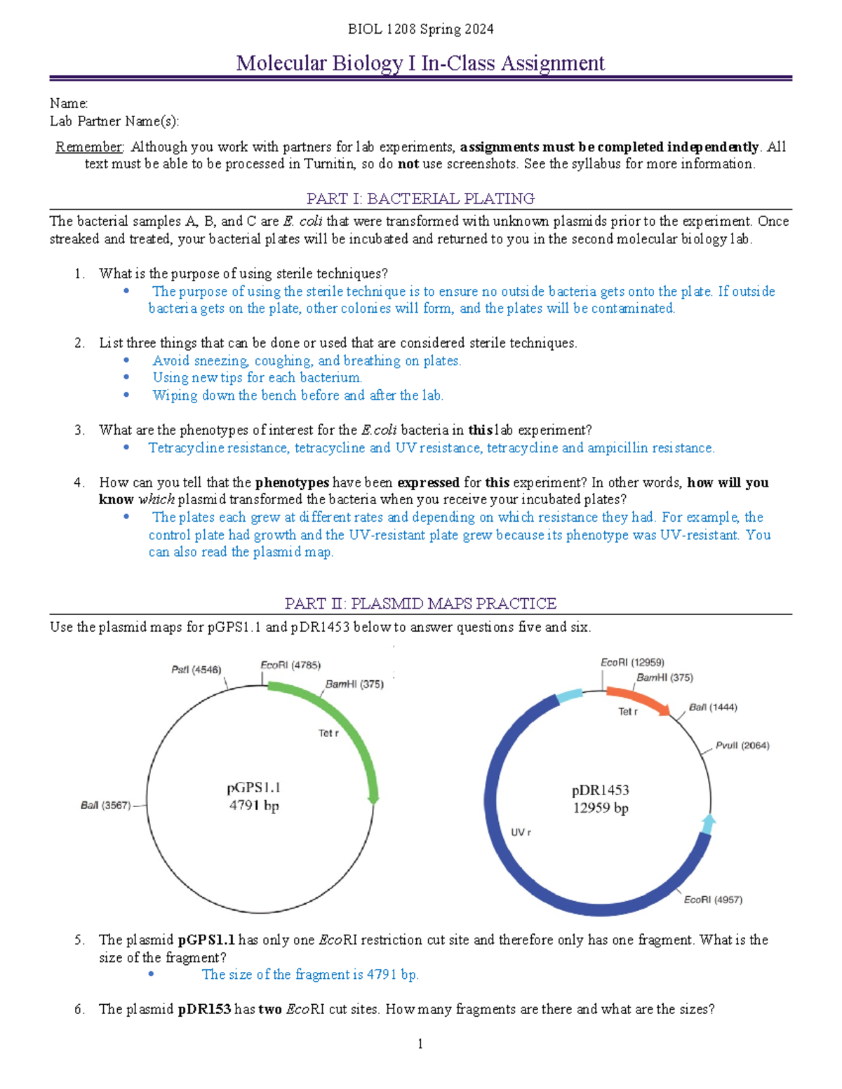 Molecular Biology I Ica Biol Spring Molecular Biology I In Class Assignment Name