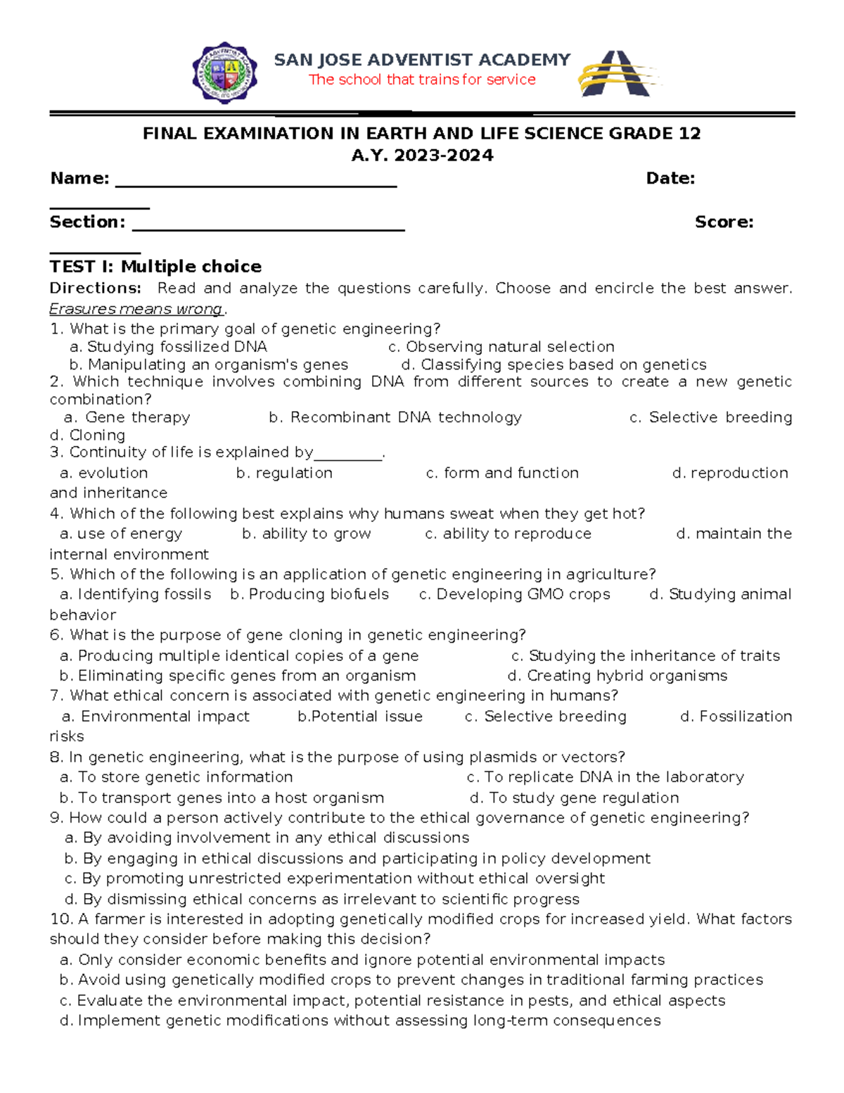 EALS Final EXAM - SAN JOSE ADVENTIST ACADEMY The school that trains for ...