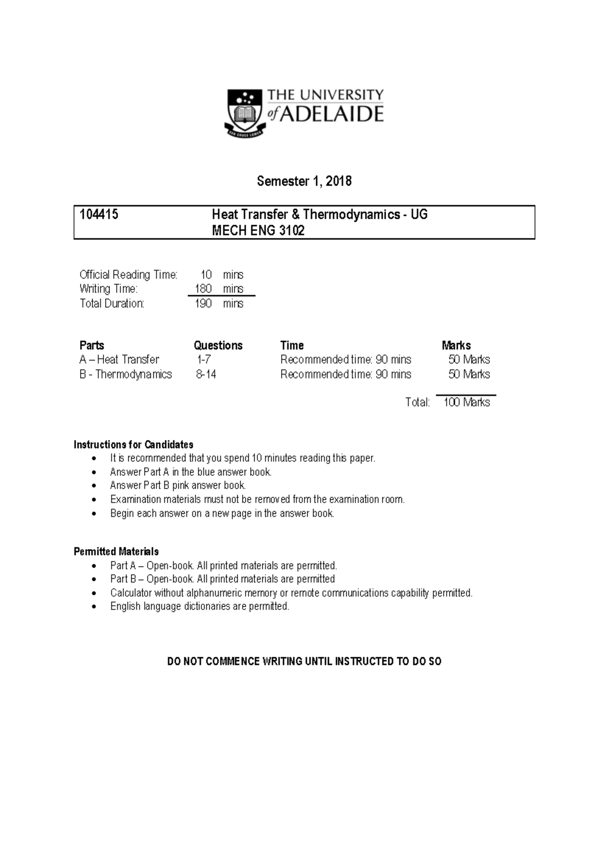 Mecheng 3102 Primary Exam 2018 - Semester 1, 2018 104415 Heat Transfer ...