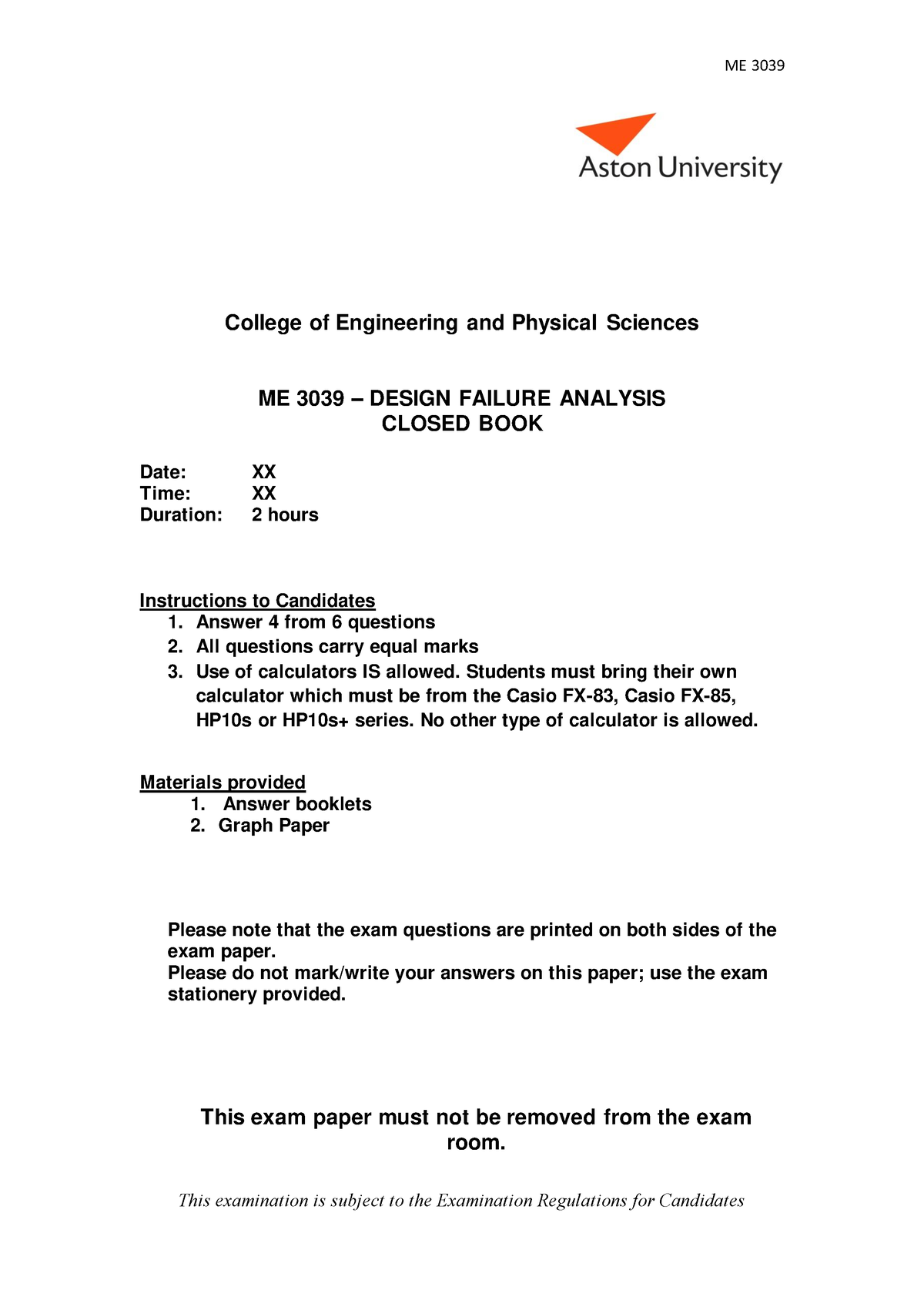 ME3039 EXAM 21-22 - past paper - College of Engineering and Physical ...