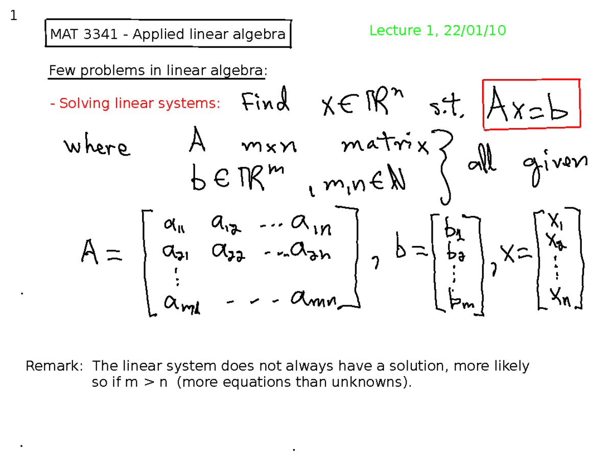 Chap01 mat3341 - Notes for chapter 1 - MAT 3341 - Applied linear ...