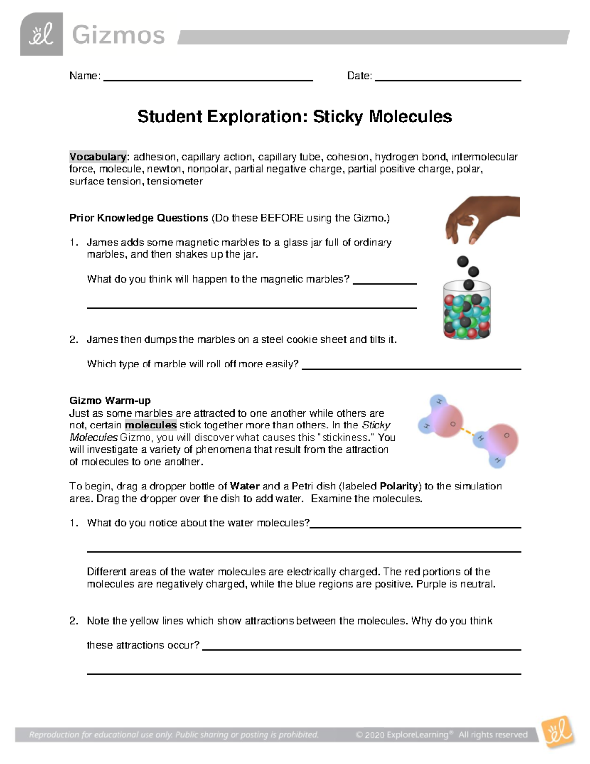 Sticky Molecules SE - Name: Date: Student Exploration: Sticky Molecules ...