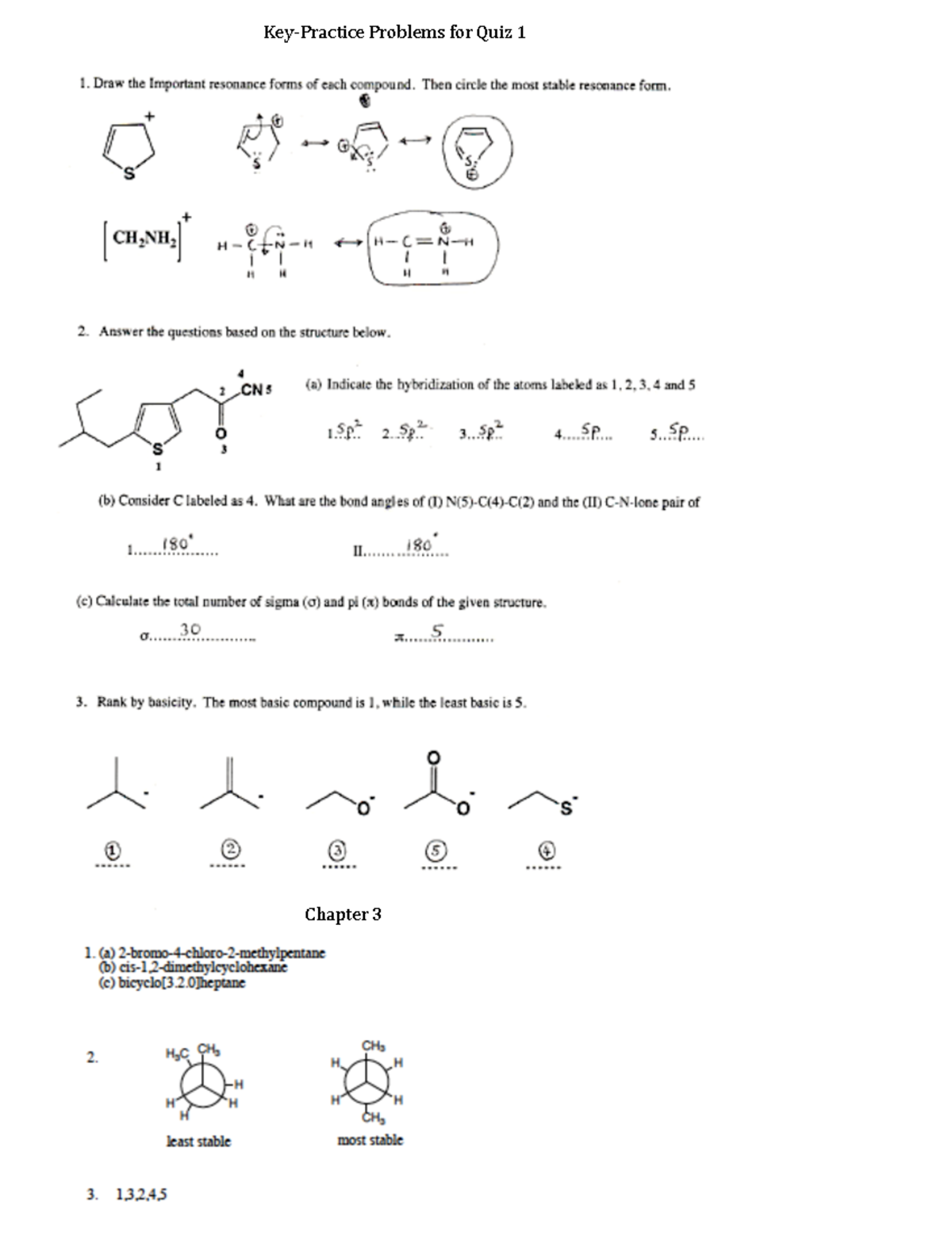 Key Practice Problems For Quiz 3 Fall 19 - CHEM 2323 - Key-­‐Practice ...