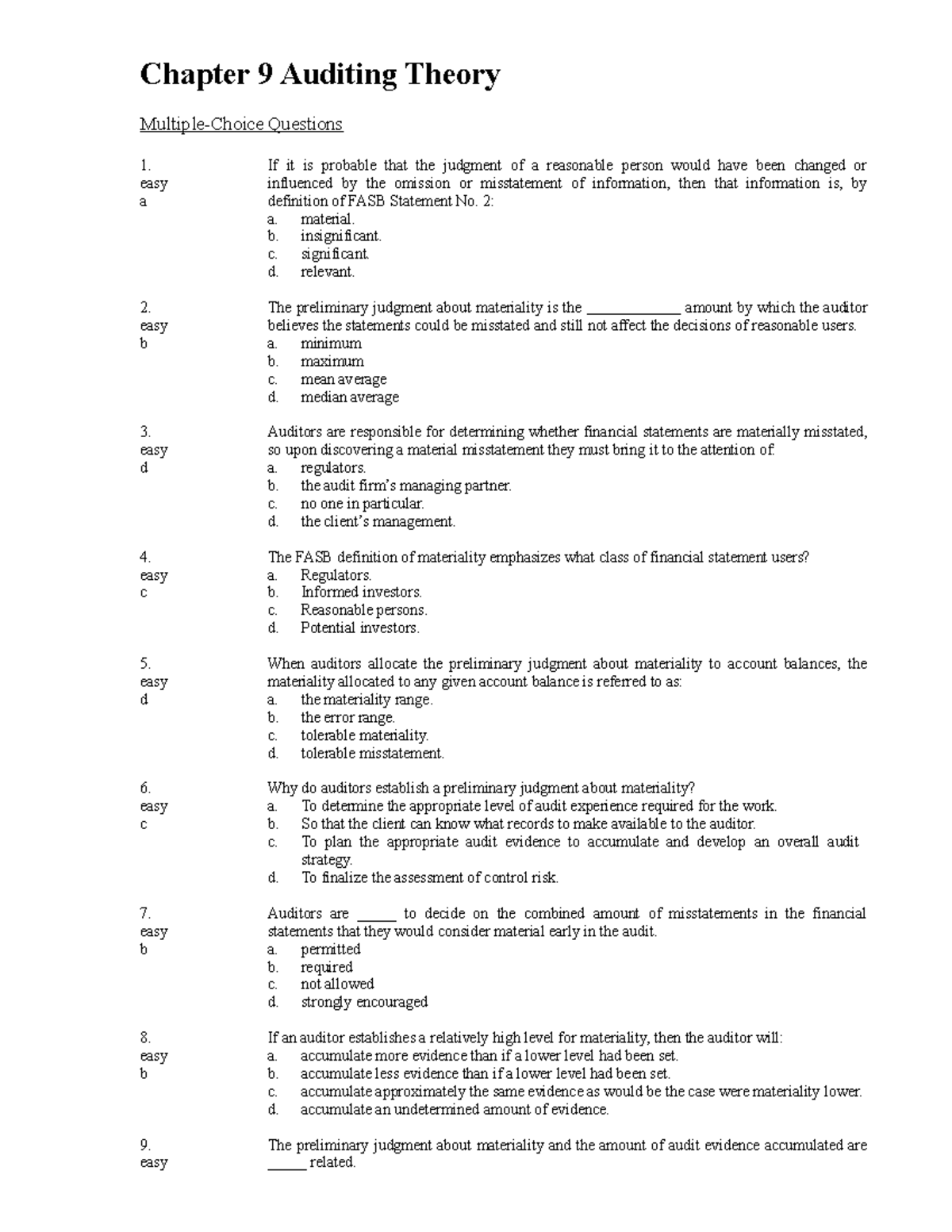 Ch09 Auditing-Theory-09 - Chapter 9 Auditing Theory Multiple-Choice ...