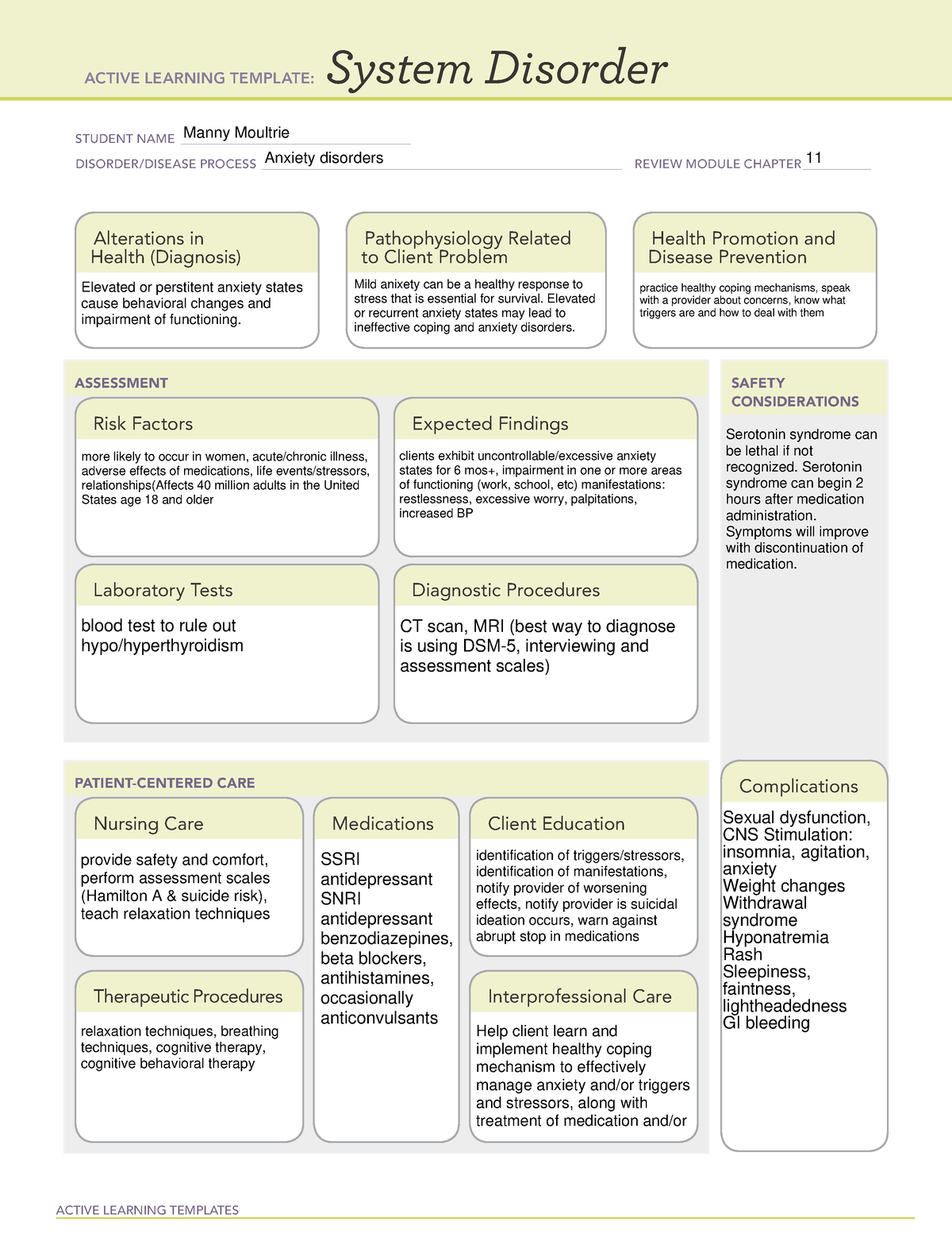 Anxiety System Disorder ATI Template - ACTIVE LEARNING TEMPLATES System ...