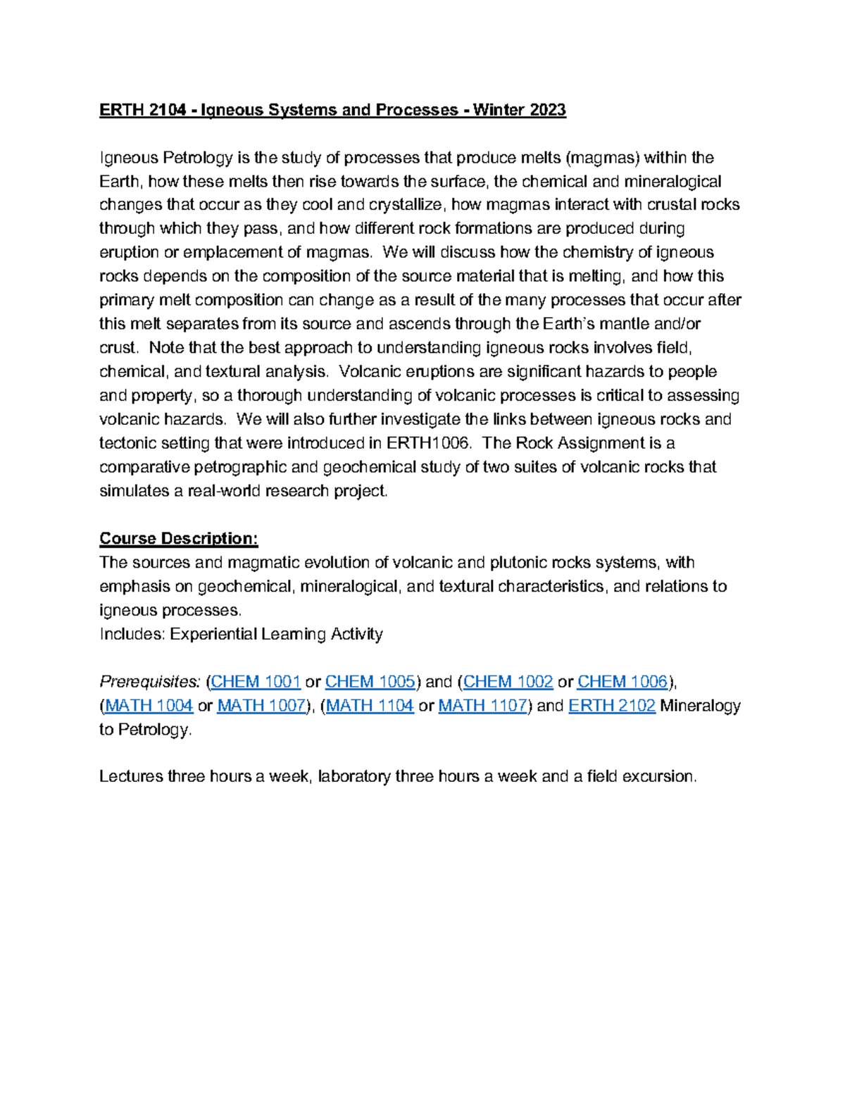 ERTH2104 Course Outline-Winter 2023 - ERTH 2104 - Igneous Systems and ...