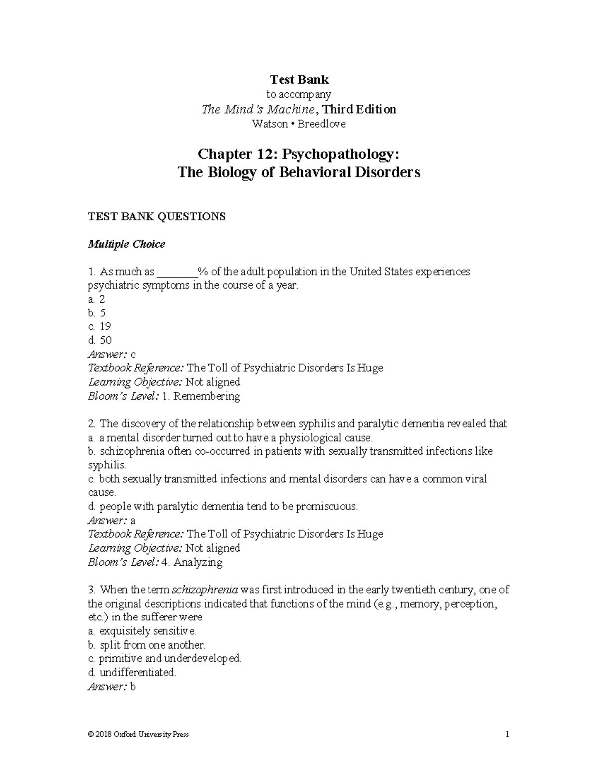 Psychopathology Test Bank - Test Bank To Accompany The Mind’s Machine ...