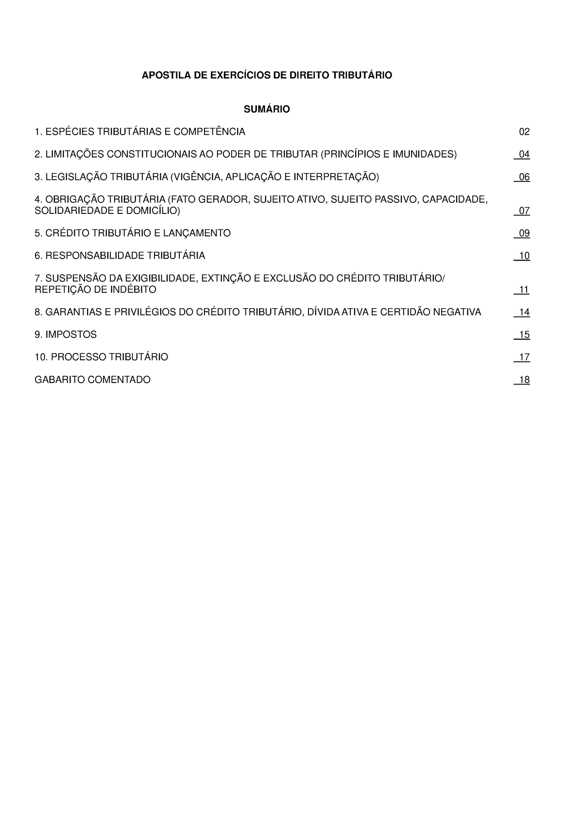 Exercícios Direito Tributário - APOSTILA DE EXERCÍCIOS DE DIREITO ...