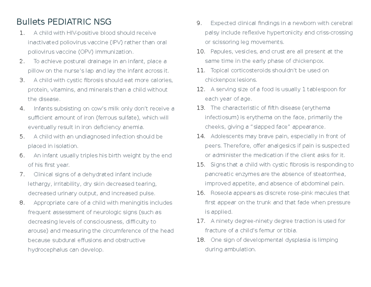 Bullets Pediatric NSG - Bullets PEDIATRIC NSG A child with HIV-positive ...