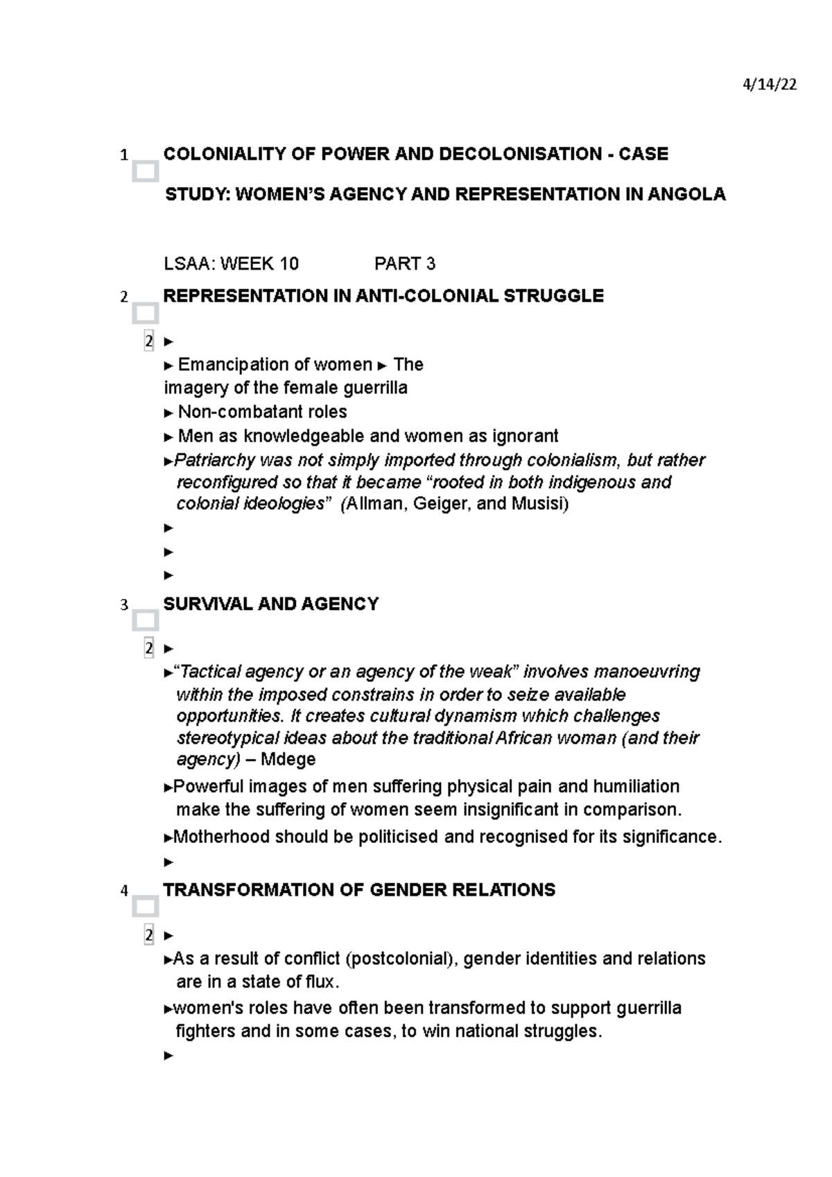 LSAA - Angola pt 3 - Notes on LSAA lecture - 155200073 - SOAS ...