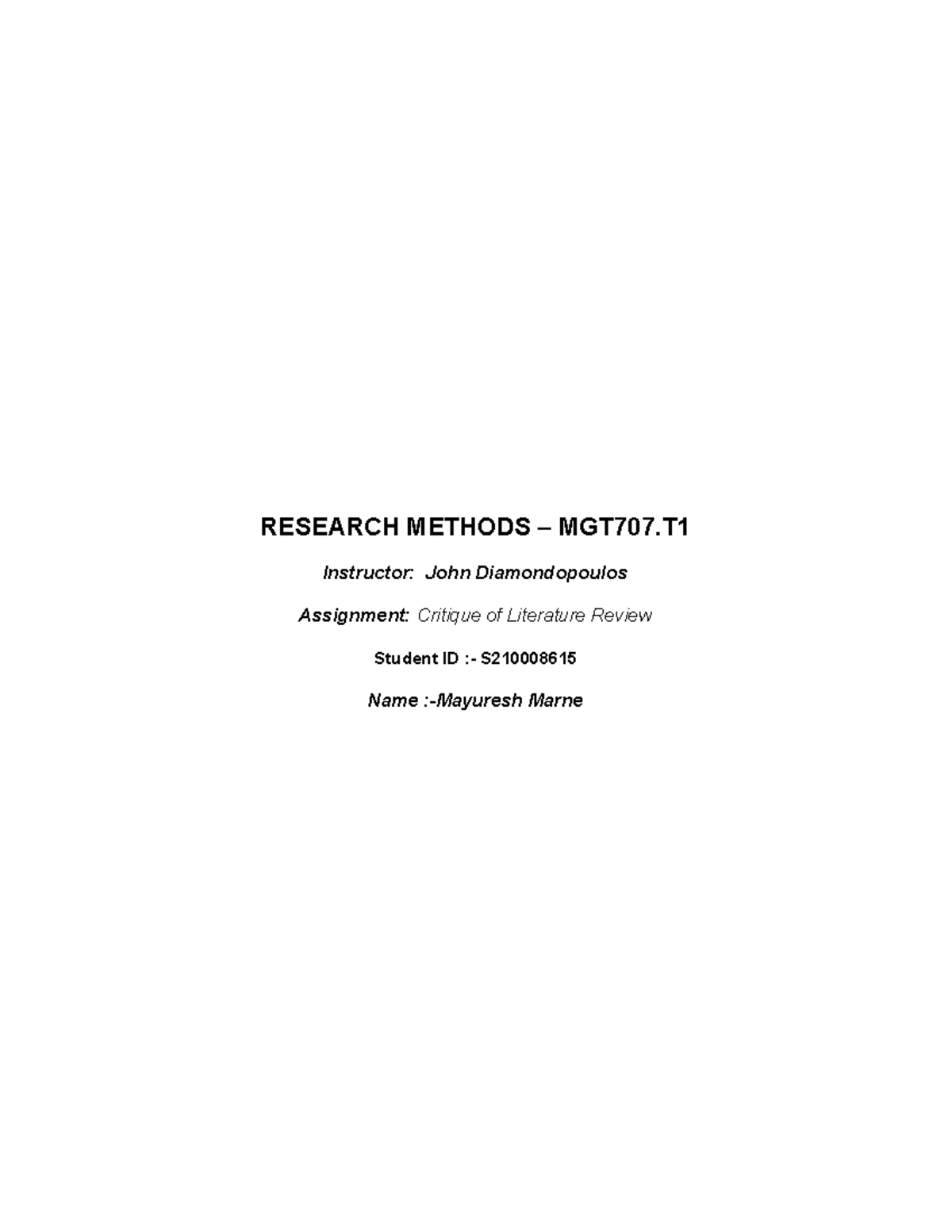 Research Methods Assigment 1 (final) - RESEARCH METHODS – MGT707 ...