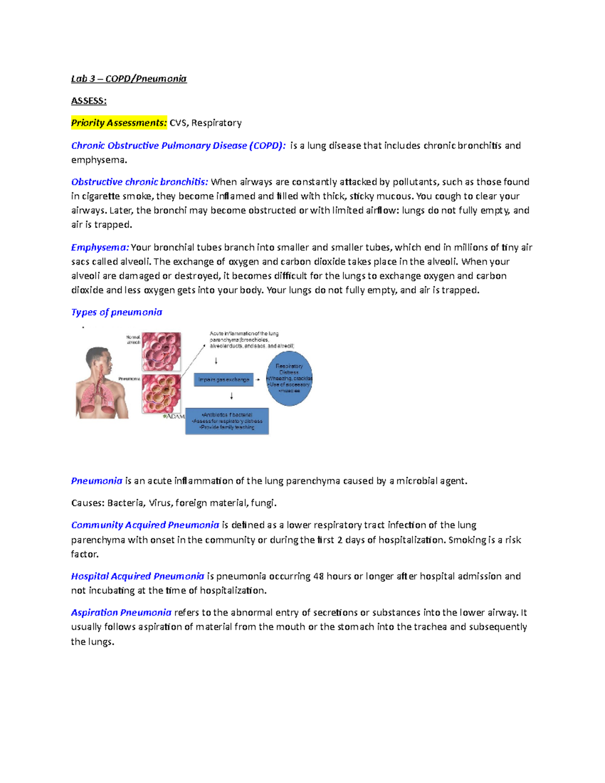 Lab 3 - COPD Pneumonia - Lab 3 ASSESS: Priority Assessments: CVS ...