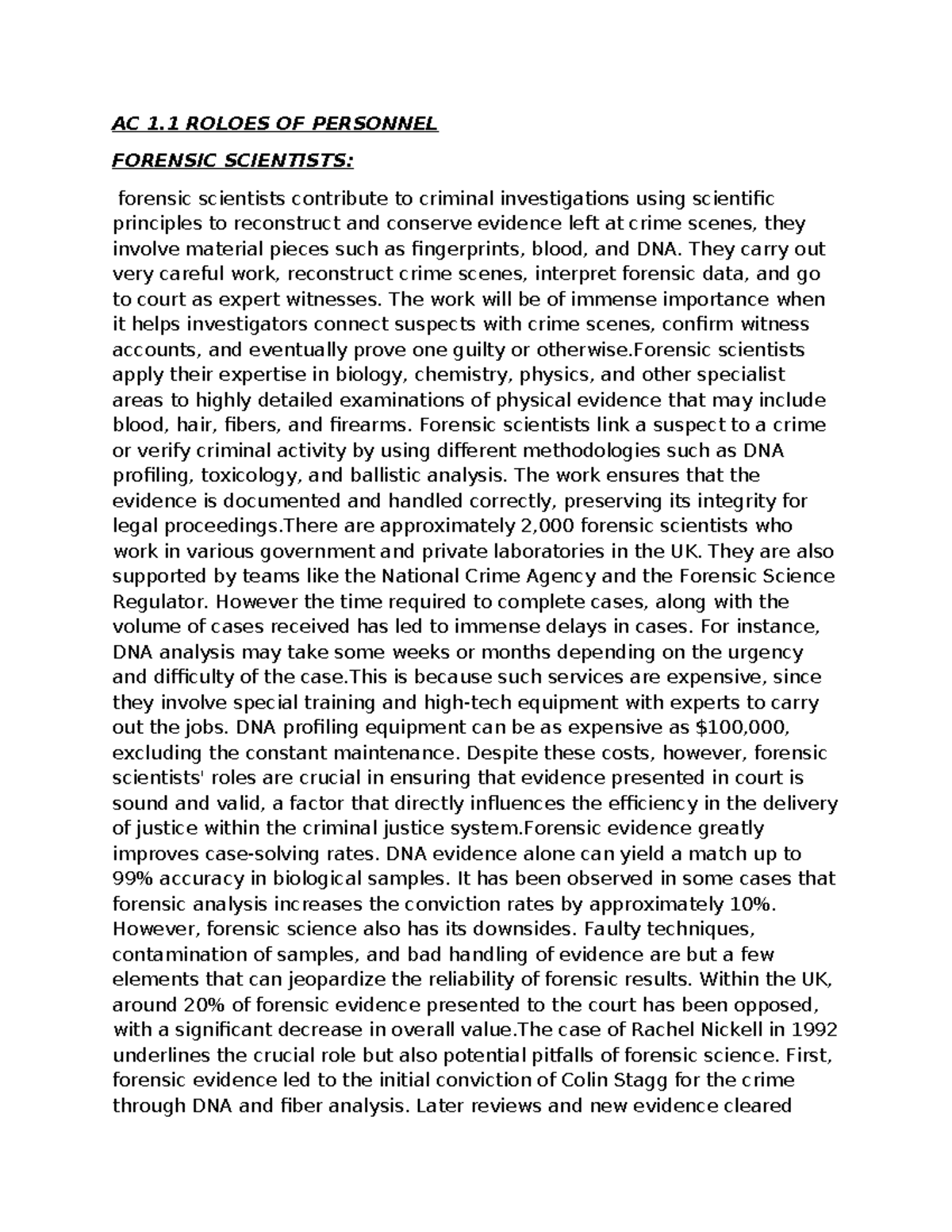 AC 1.1 Roles OF Personnel - AC 1 ROLOES OF PERSONNEL FORENSIC ...