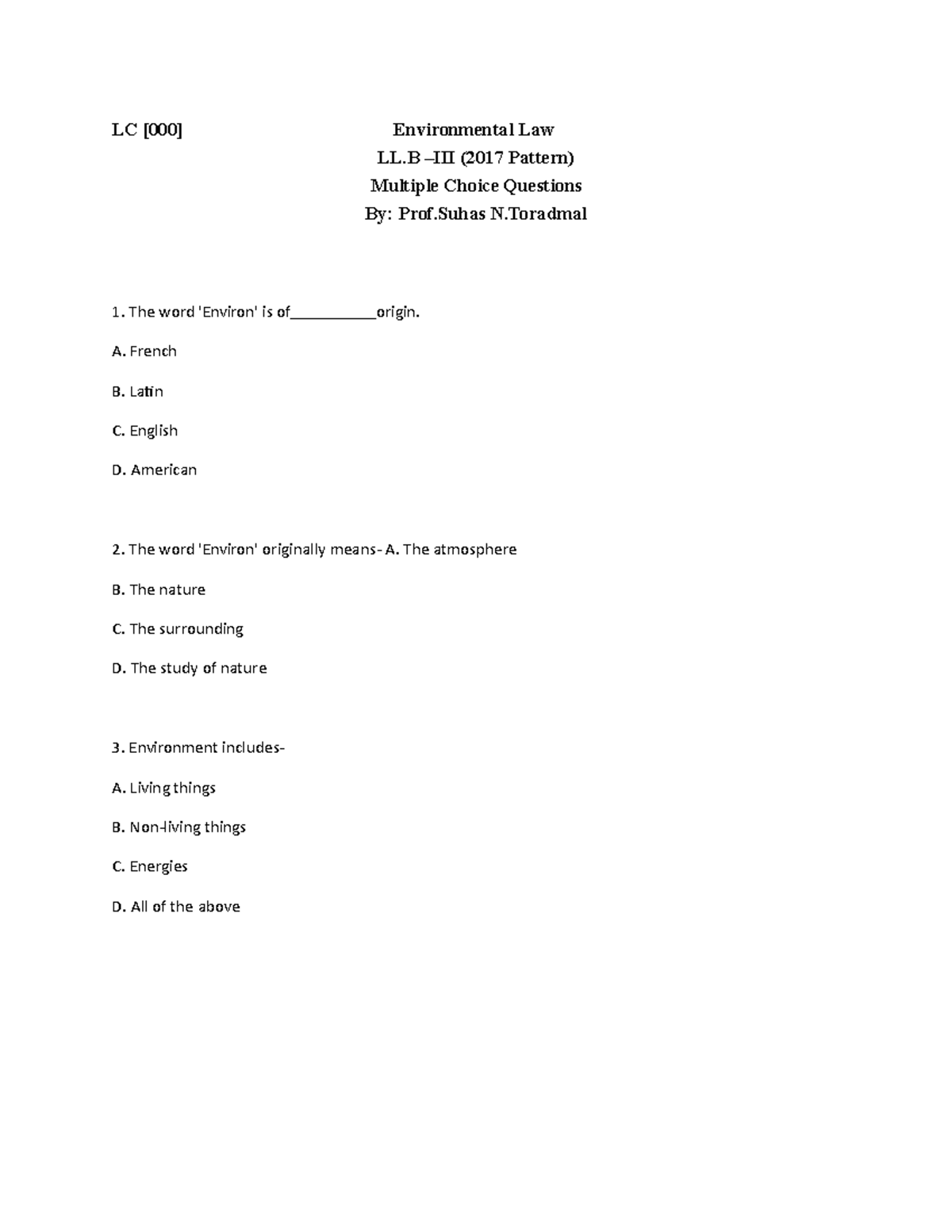 Environmental LAW MCQ - LC [000] Environmental Law LL –III (2017 ...