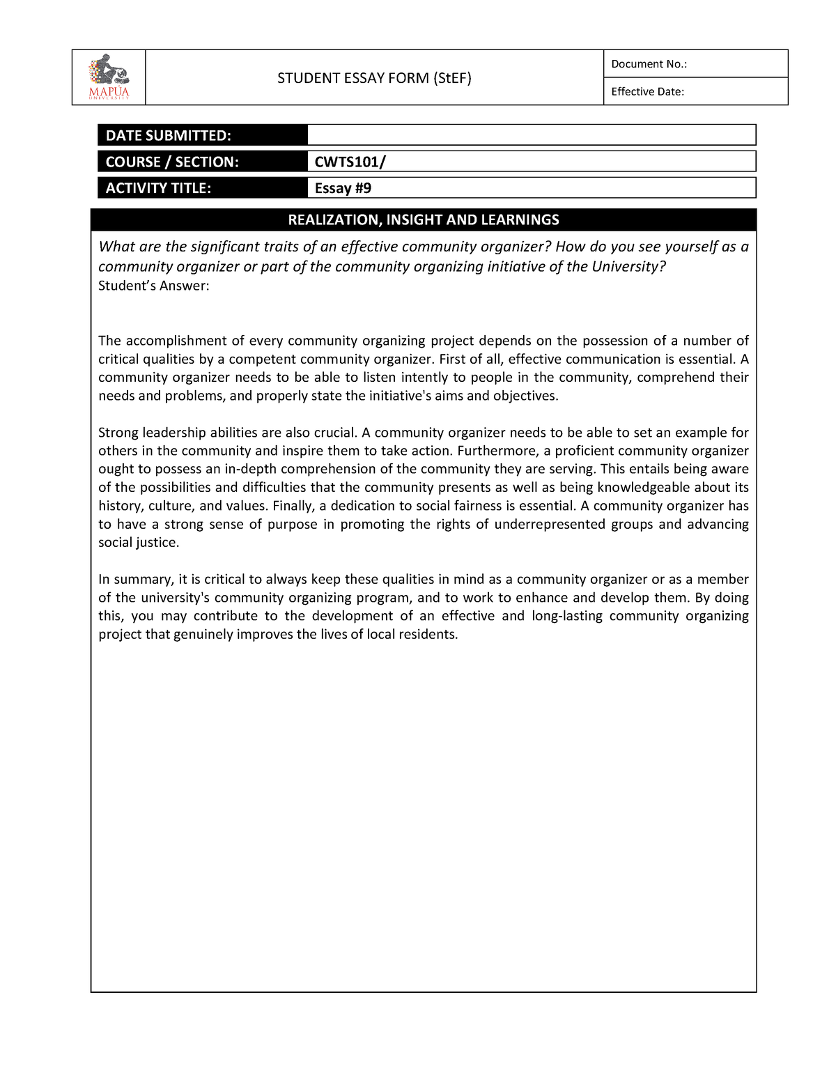 Martinez,Tom - CWTS101 Essay #9 - STUDENT ESSAY FORM (StEF) Document No ...