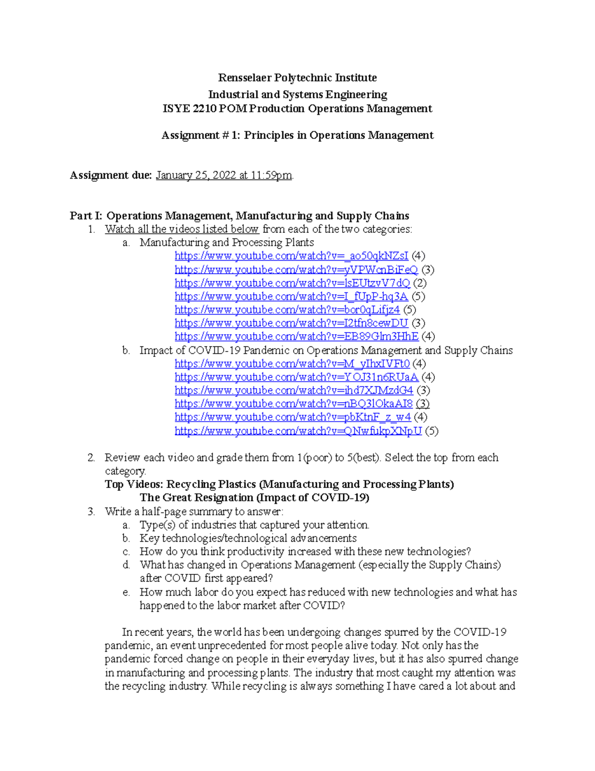 LAB #1 Principles in OM - Lab assignment - Rensselaer Polytechnic ...