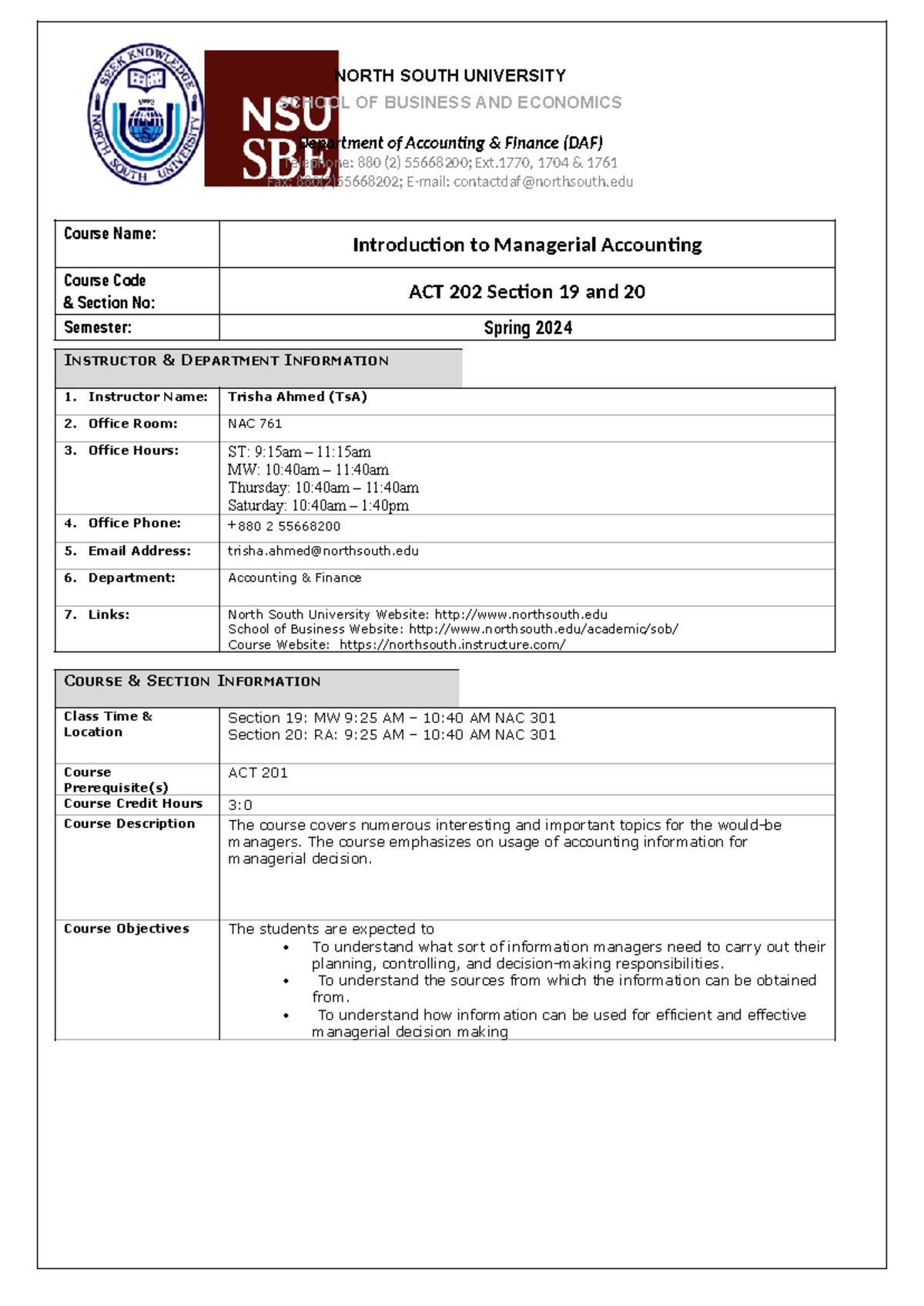 ACT202 Course Outline Spring 2024 - Course Name: Introduction to ...