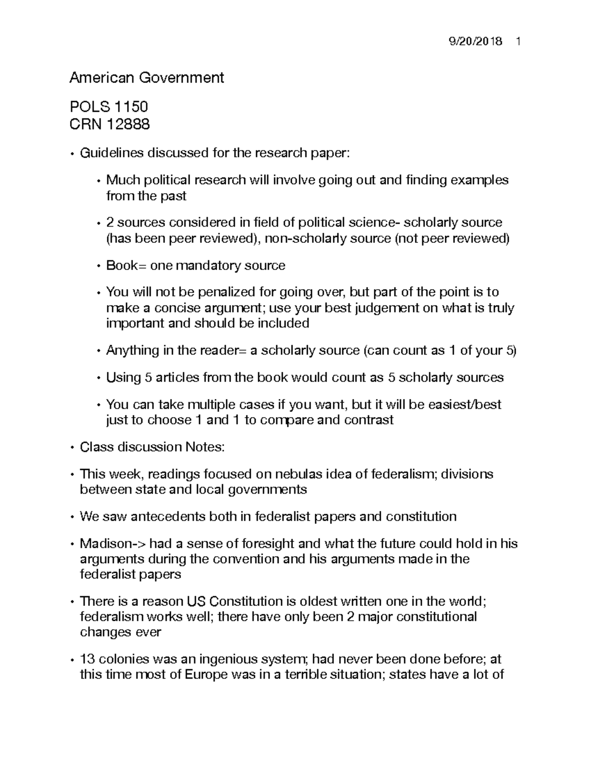9:20 Class Notes - 9/20/2018 1 American Government POLS 1150 CRN 12888 ...