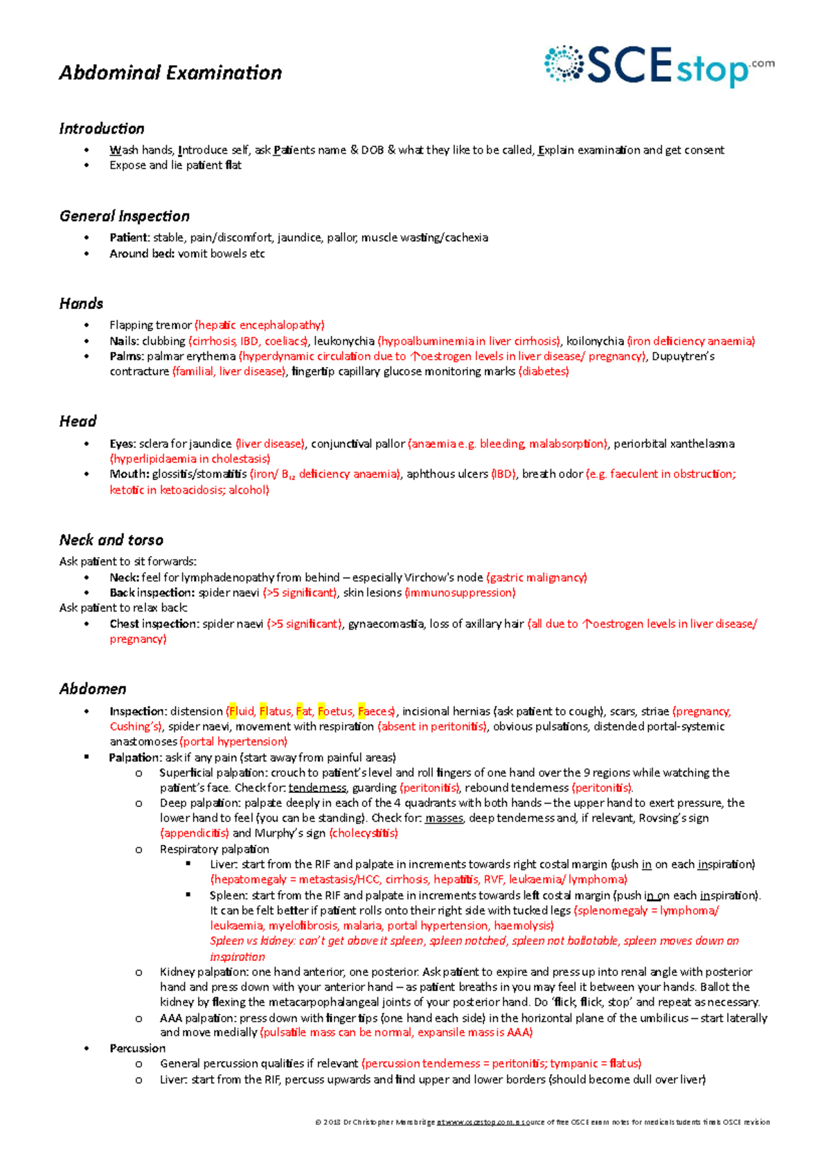 Abdominal Exam - abdo exam summary - © 2013 Dr Christopher Mansbridge ...