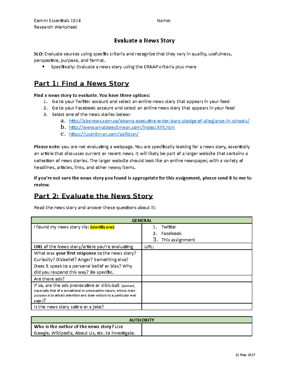 Evaluate a news story - Comm Essentials 1016 Name: Research Worksheet