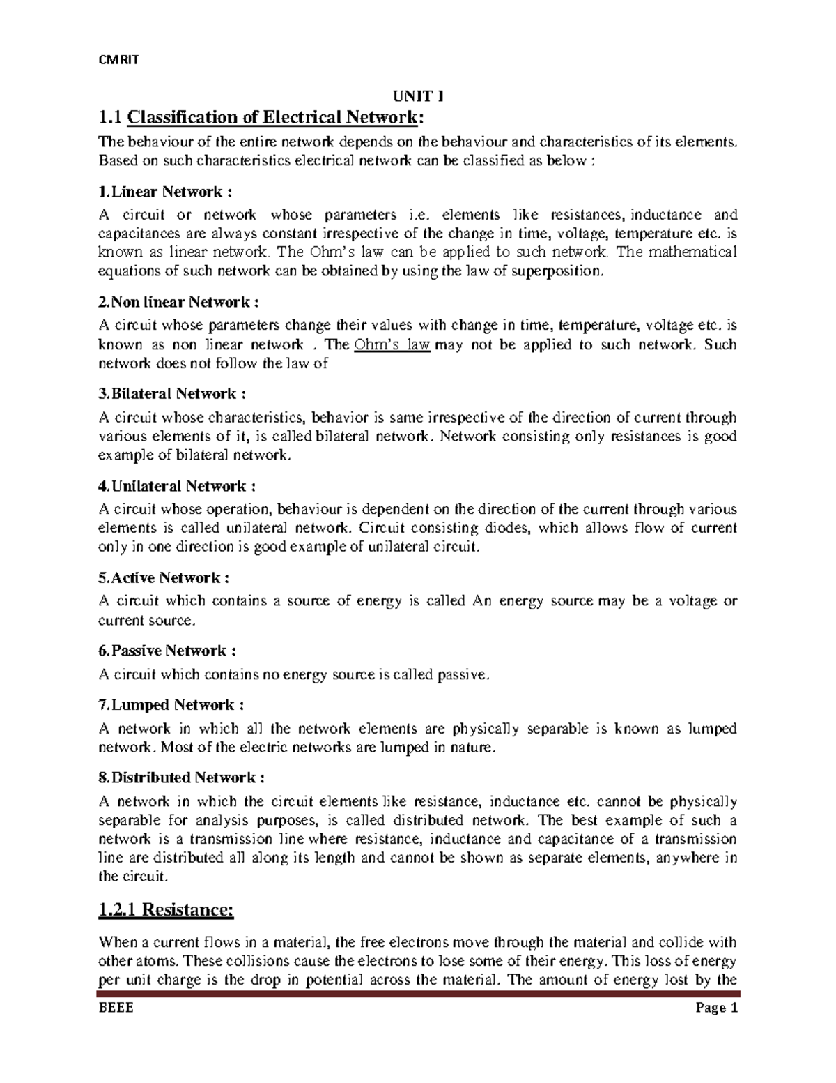 BEEE UNIT I-1-8 - electric - UNIT I 1 Classification of Electrical ...