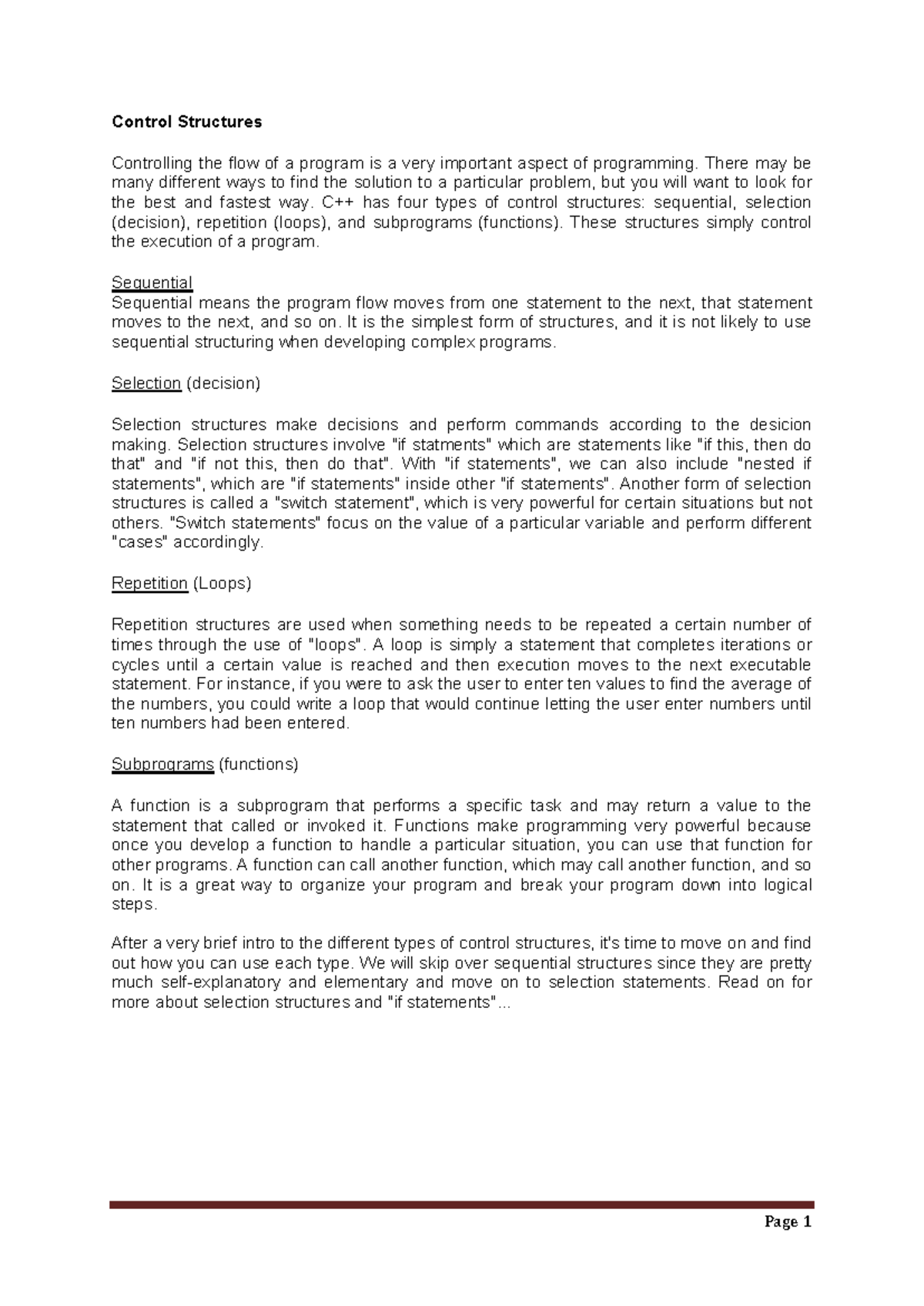 Lecture 2 Control Structures - Control Structures Controlling the flow ...