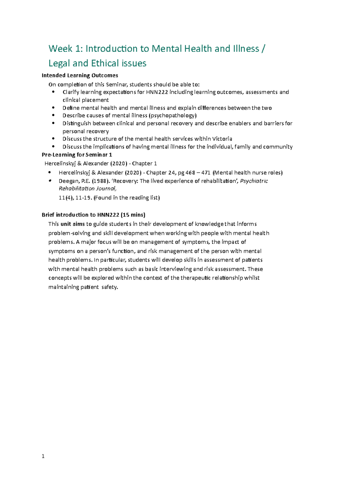 Seminar 1 - Lecture notes 1 - Week 1: Introduction to Mental Health and ...