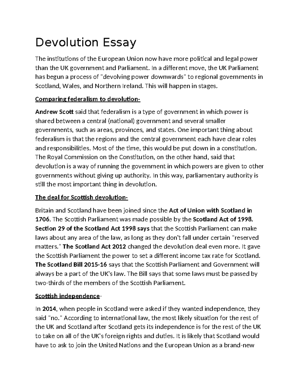 federalism vs devolution a level politics essay